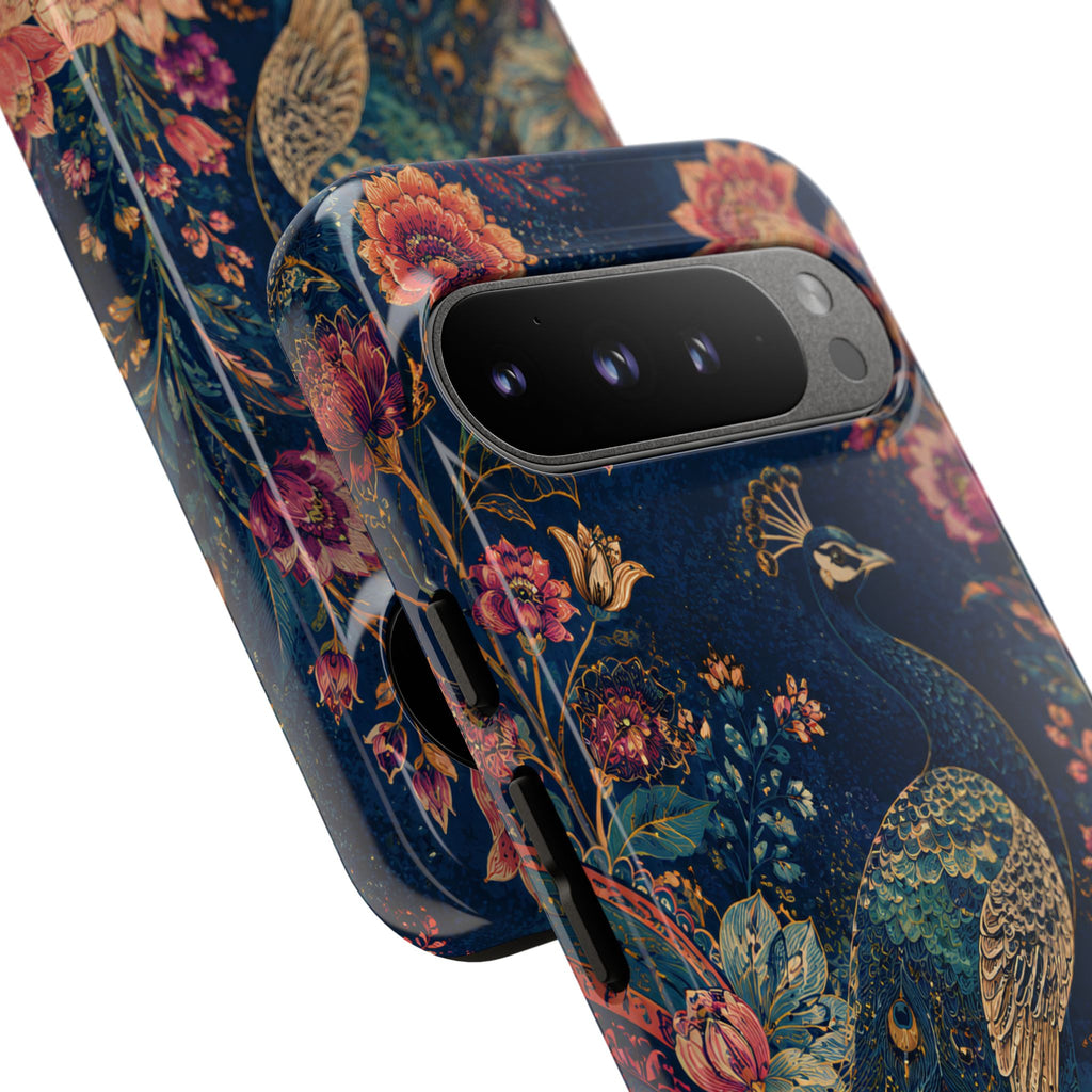 Peacock Floral Tough Google Pixel Phone Case | Antique Indigo Gold Art Cover