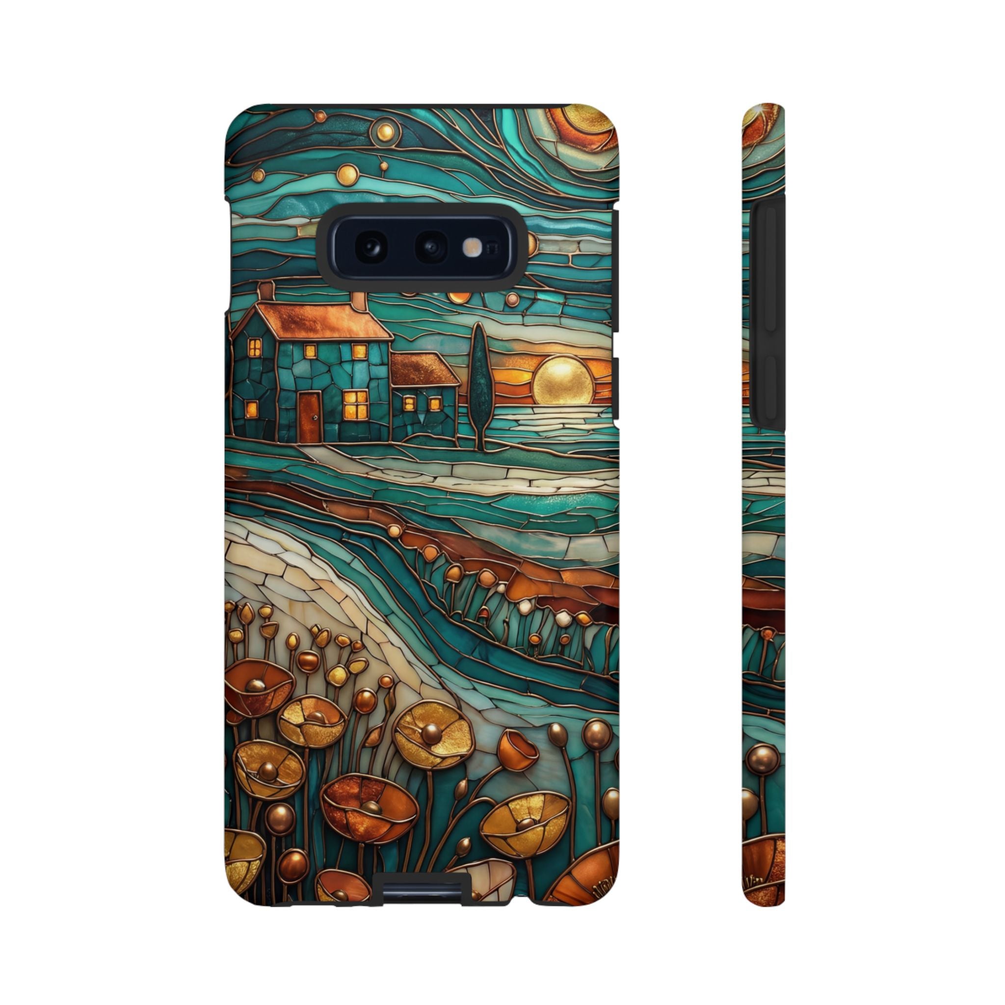 Artistic Sunset Cottage Samsung Galaxy Case | Whimsical Floral Landscape Protective Cover