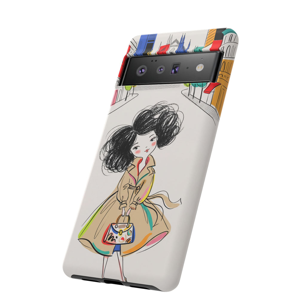 Illustrated Trench Coat Fashion Chic City Girl Google Pixel Phone Case
