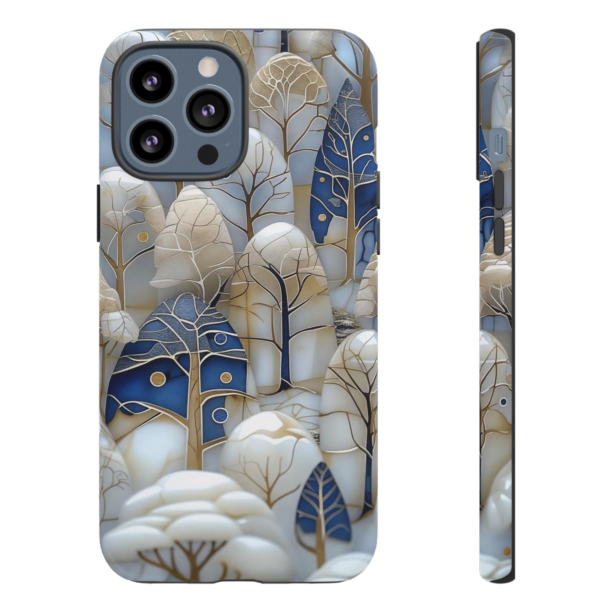 Blue Gold Winter Forest iPhone Case — Elegant Tree Pattern Tough Case