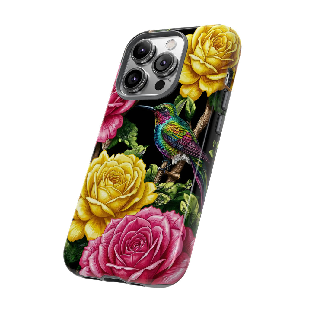Cover iPhone Robusta Colibrì Floreale | Protezione Vibrante da Giardino Rosa e Giallo