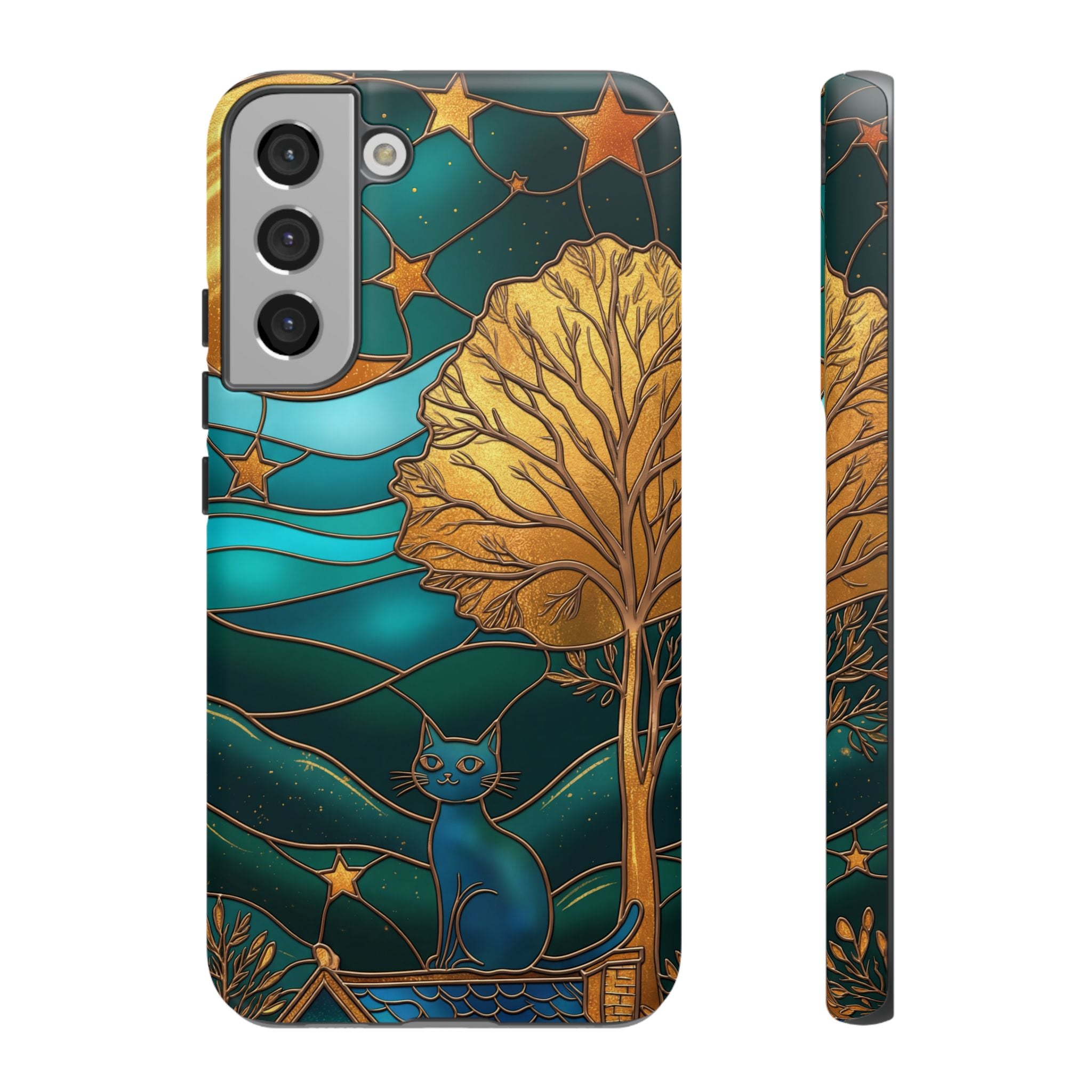 Stained Glass Cat Tough Samsung Galaxy Case | Gold Tree & Starry Night Design