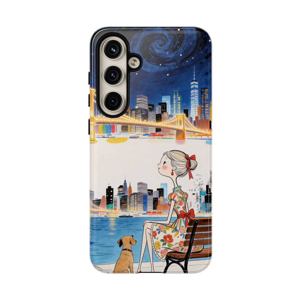 Cover per Samsung Galaxy "City Night" | Illustrazione Ragazza e Cane su Panchina