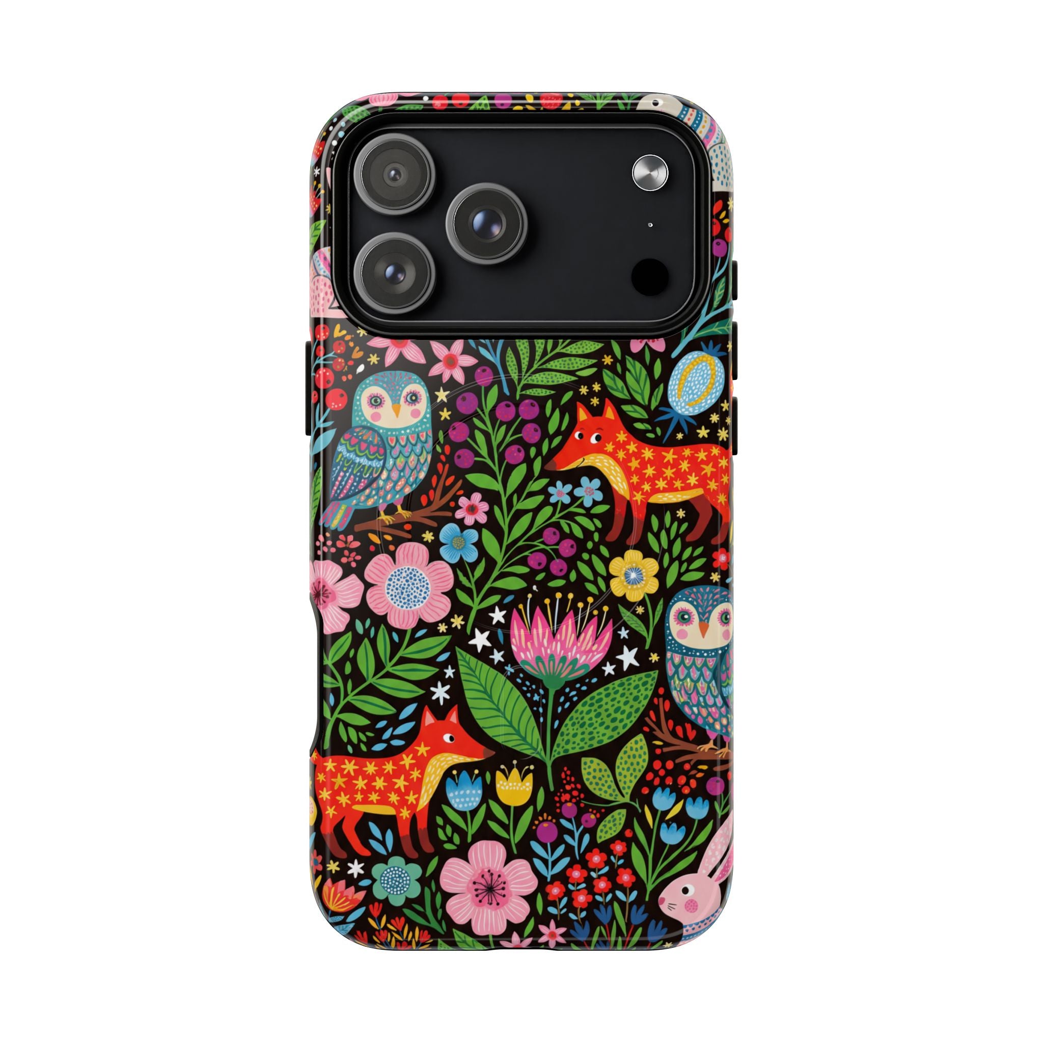 Floral Woodland MagSafe iPhone Case | Colourful Fox & Owl Protective Cover