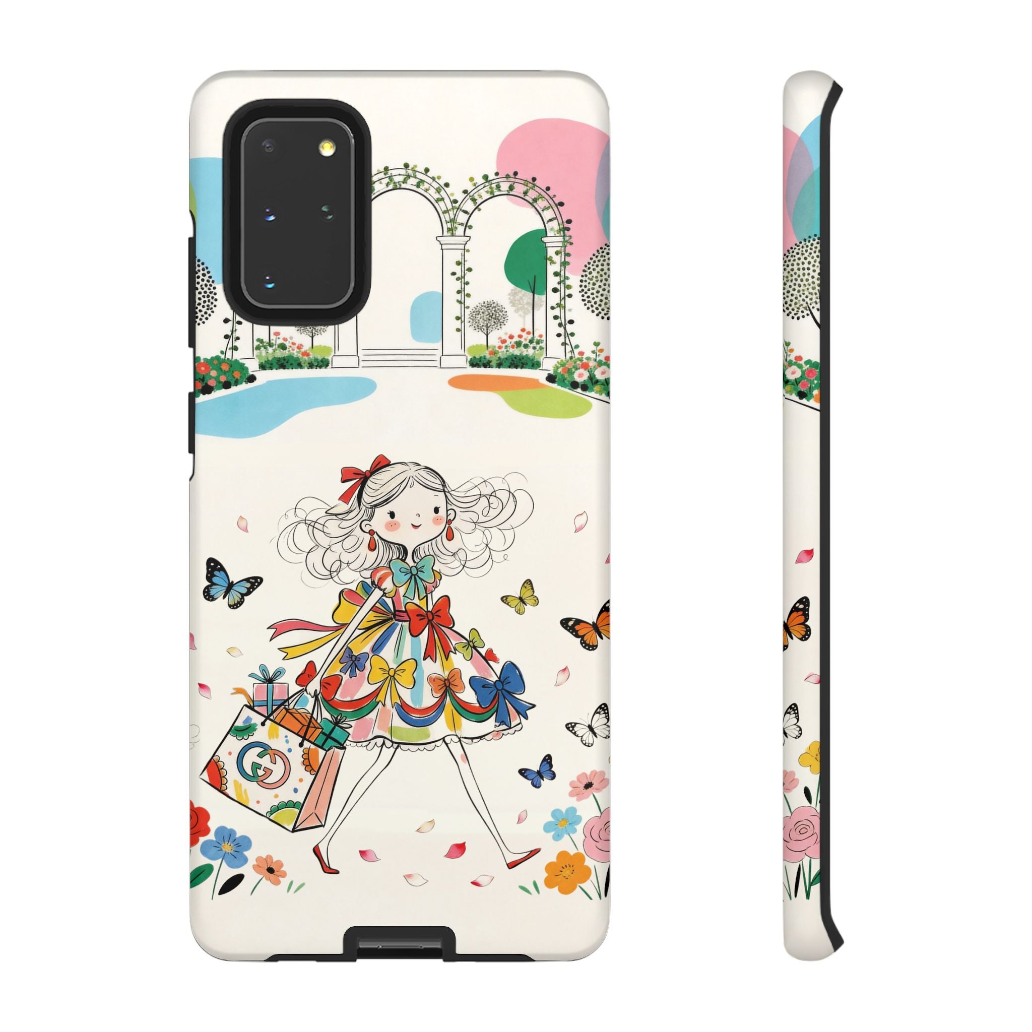 Whimsical Shopping Girl Samsung Galaxy Phone Case | Cute Floral Butterfly Tough Case