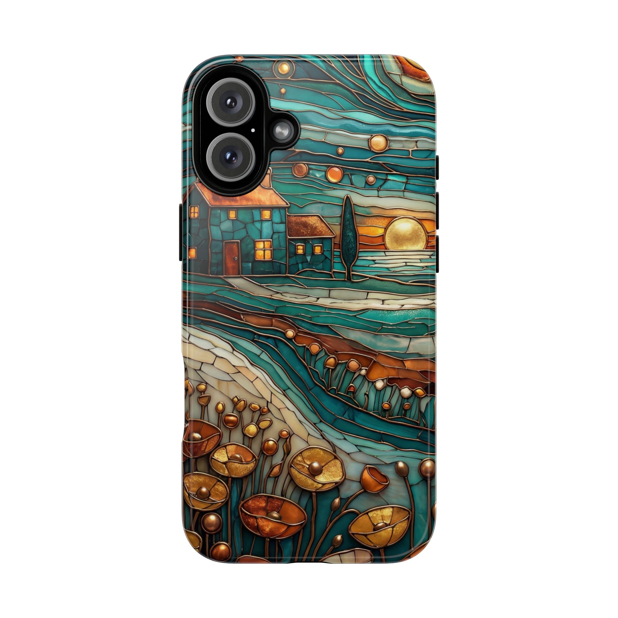 Artistic Sunset Cottage iPhone Case | Whimsical Floral Landscape Protective Cover