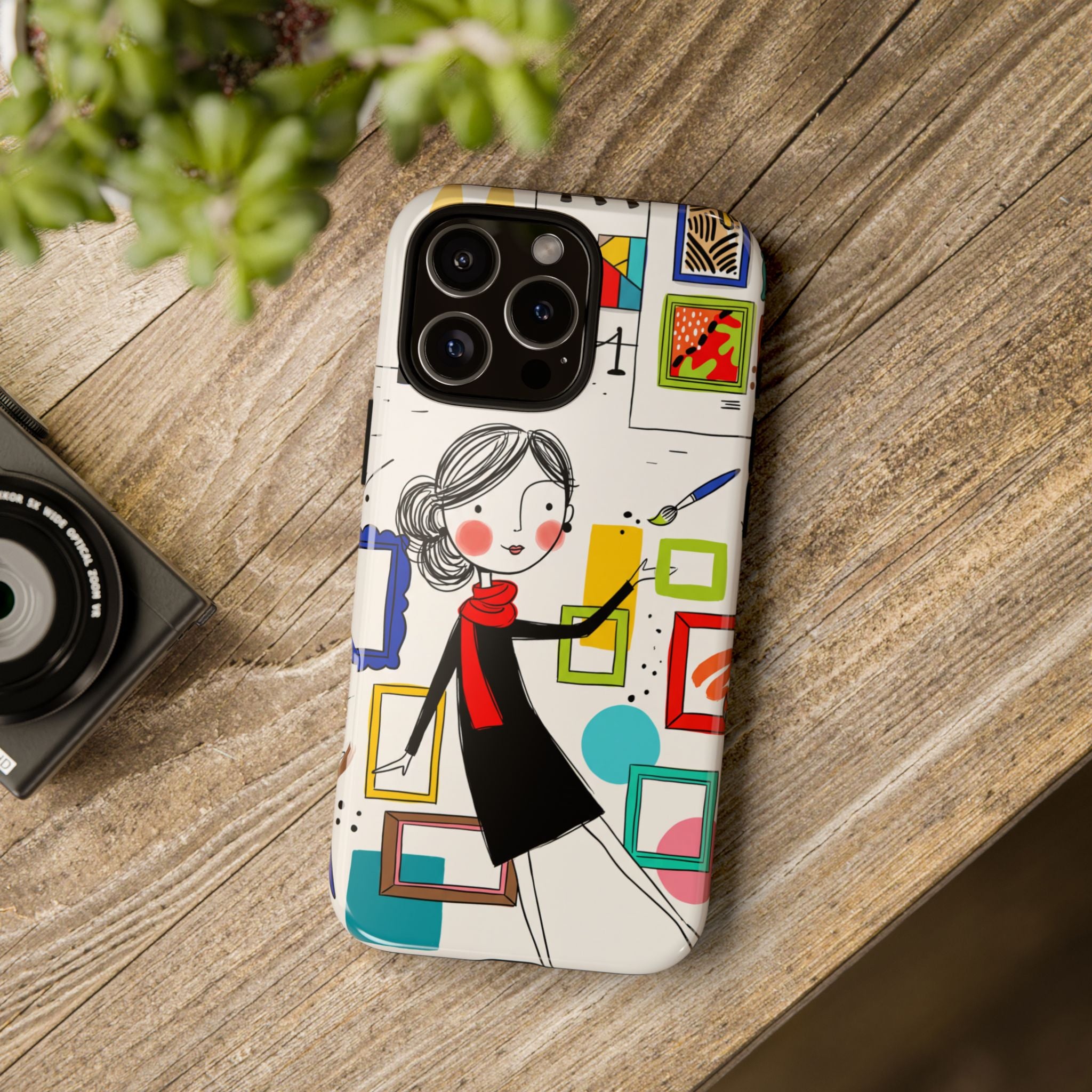 Cover per iPhone con illustrazione di galleria d'arte | Design con donna e cornici carine