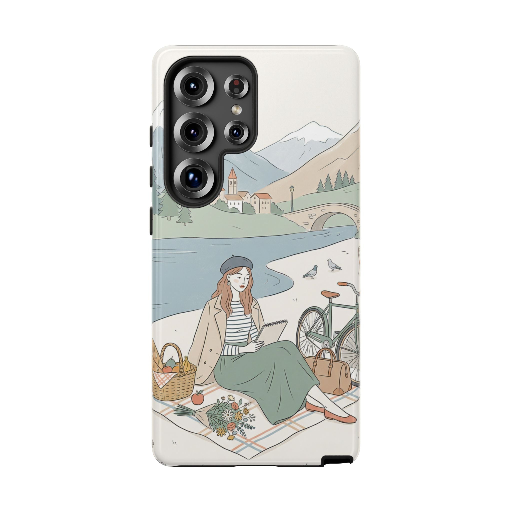 Scenic Picnic Samsung Galaxy Phone Case | Vintage Bicycle & Mountain Illustration