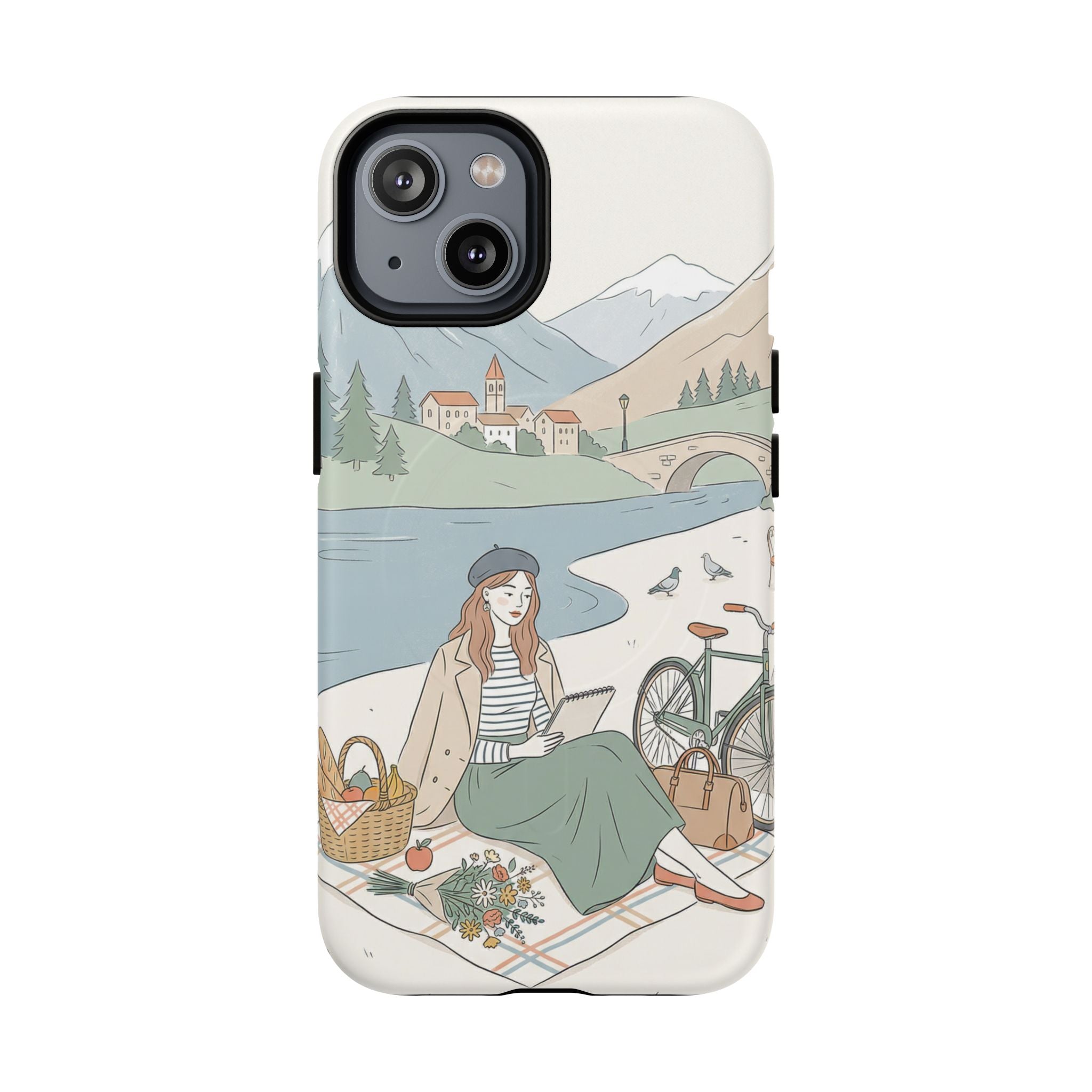 Scenic Picnic MagSafe iPhone Case | Vintage Bicycle & Mountain Illustration