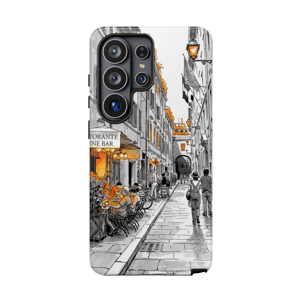 Italy Street Samsung Galaxy Case | Black & White Cityscape with Orange Accents