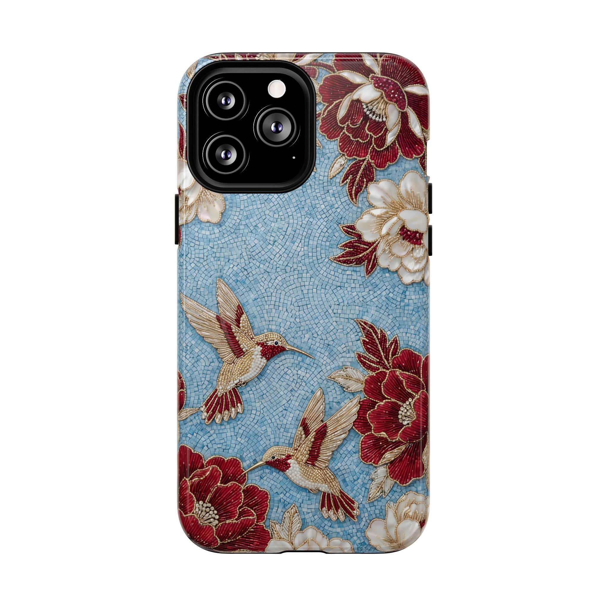 Floral Hummingbird Tough MagSafe iPhone Case | Vintage Blue & Burgundy Botanical Design