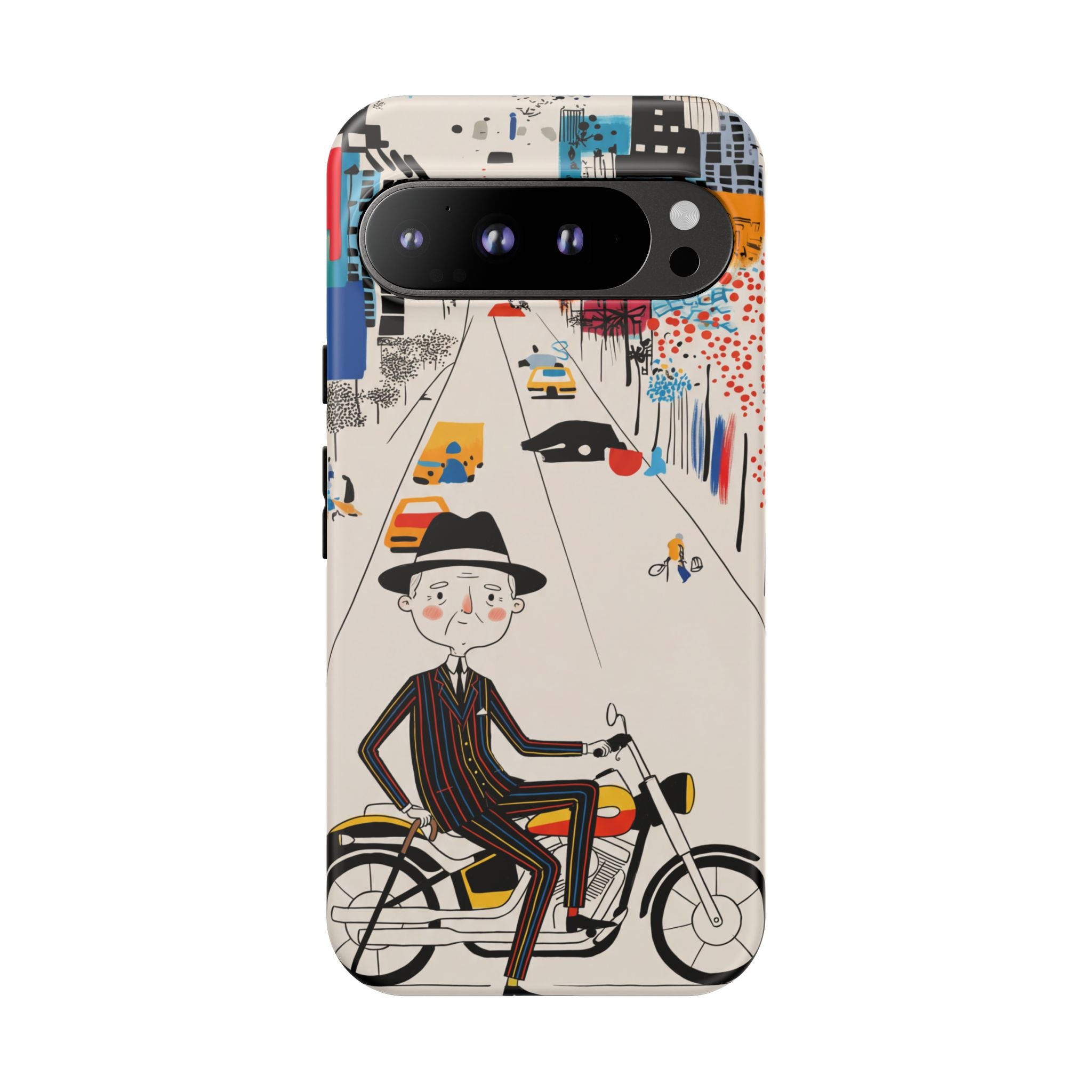Vintage Grandpa Rider Motorcycle Google Pixel Phone Case | Illustrated Cityscape