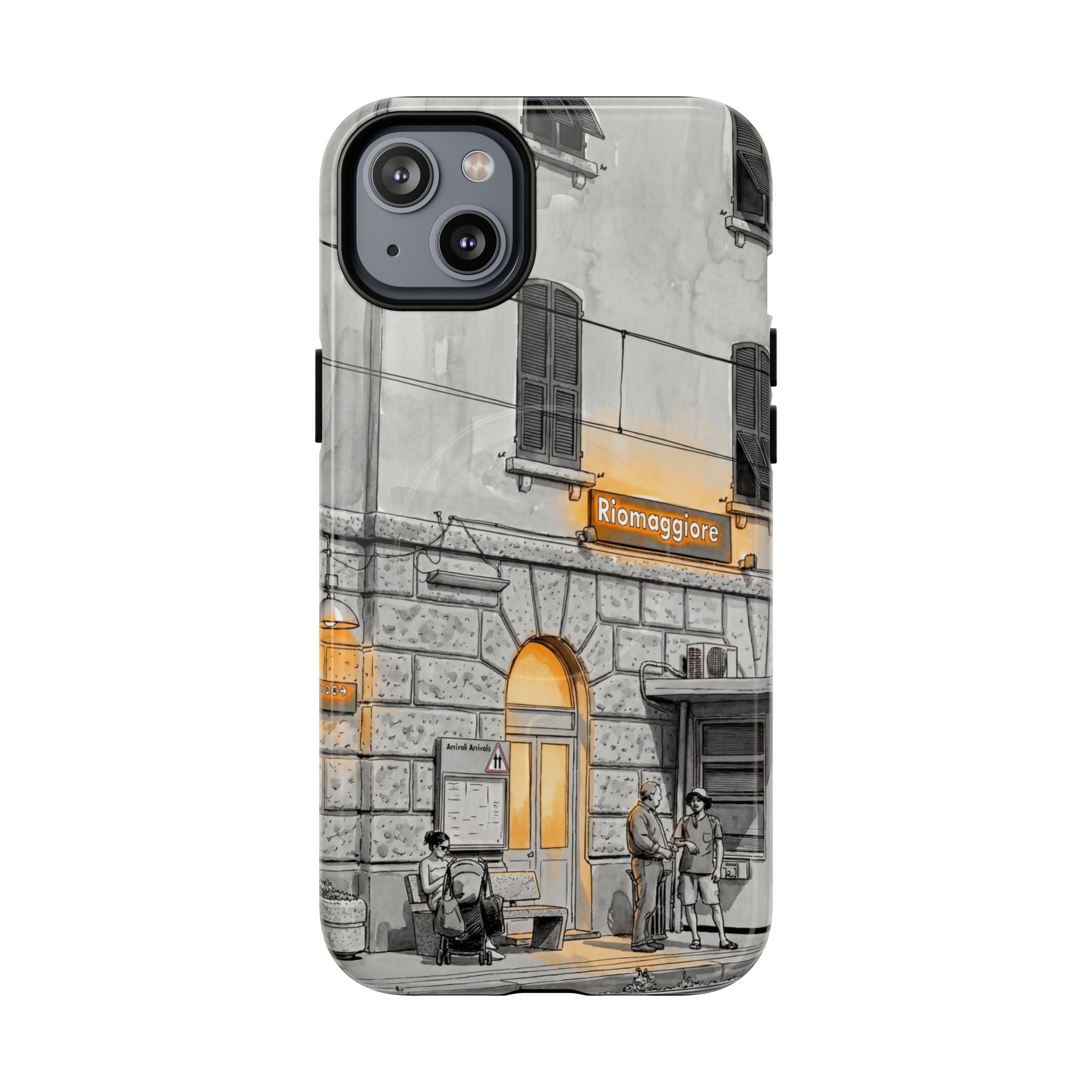 Custodia per telefono MagSafe con motivo stazione ferroviaria Cinque Terre | Schizzo in bianco e nero con accenti giallo caldo