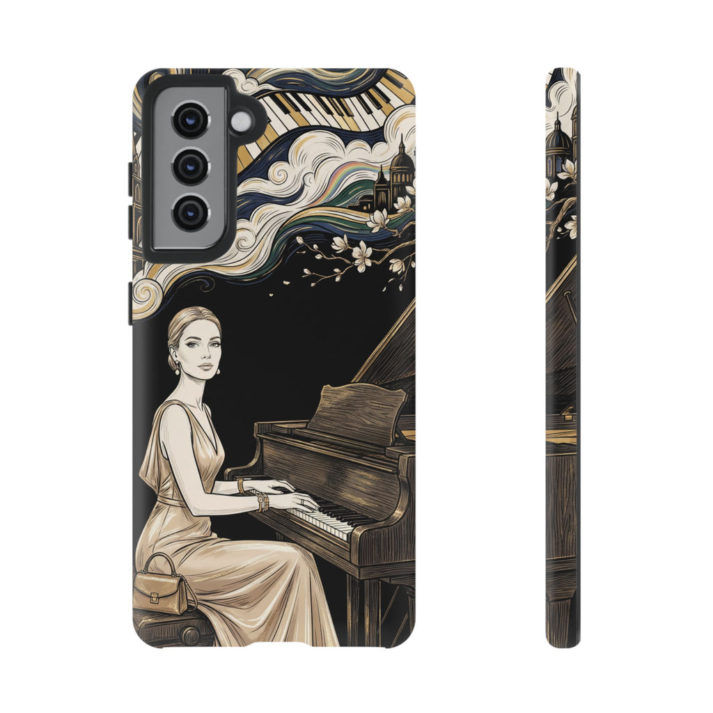 Elegant Piano Woman Samsung Galaxy Phone Case | Vintage Art Deco Music Design