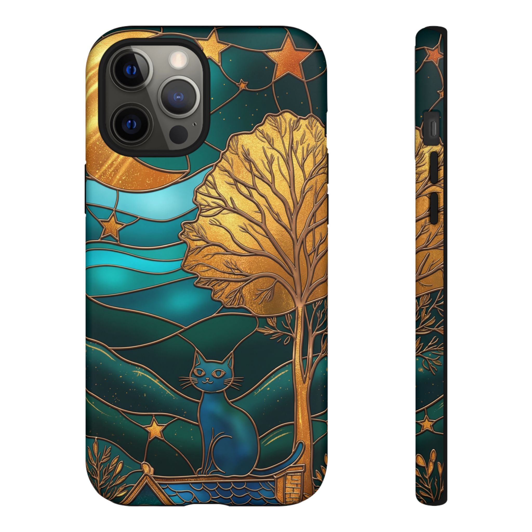 Stained Glass Cat Tough iPhone Case — Gold Tree & Starry Night Design