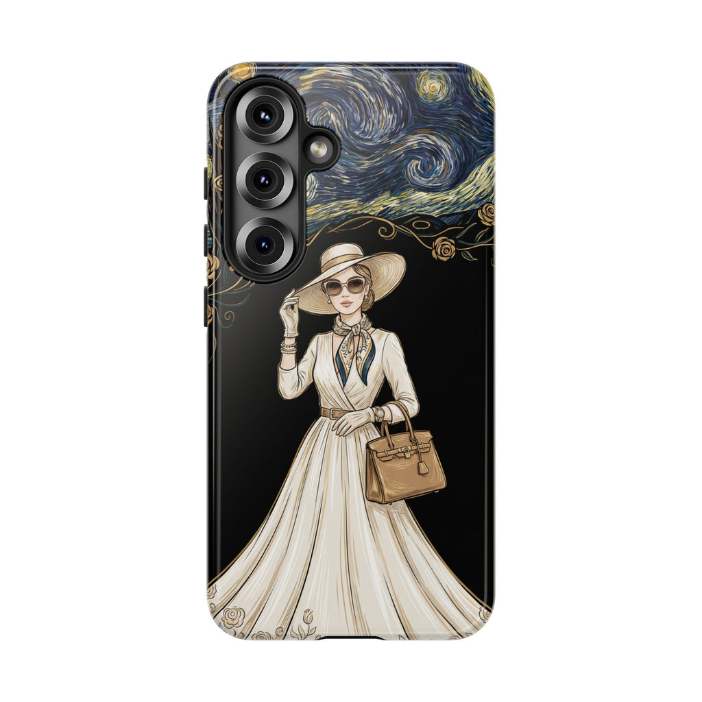 Vintage Starry Night Fashion Samsung Galaxy Phone Case | Elegant Lady in White Dress