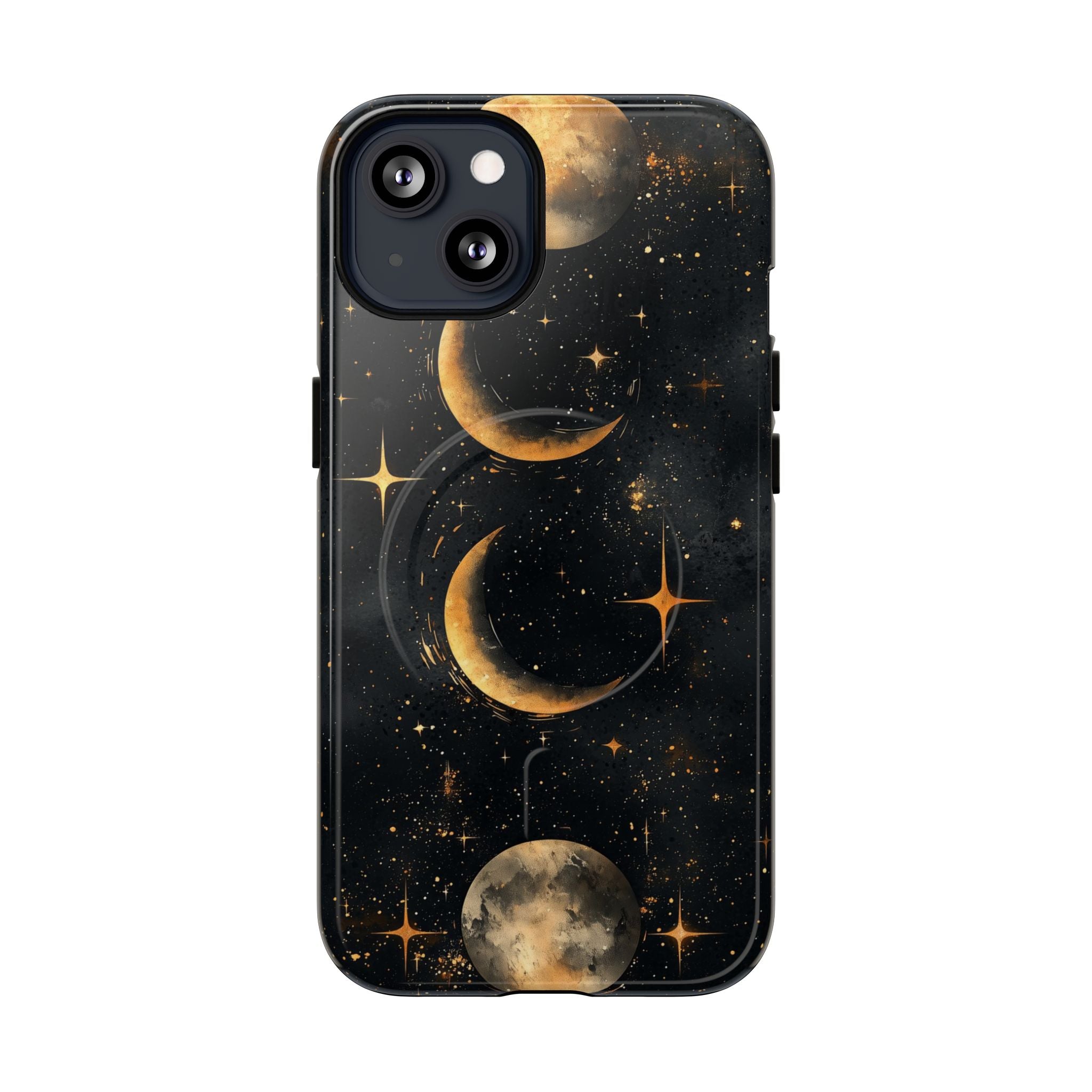 Custodia rigida MagSafe per iPhone con fasi lunari celestiali | Design a forma di galassia con mezzaluna dorata e luna piena