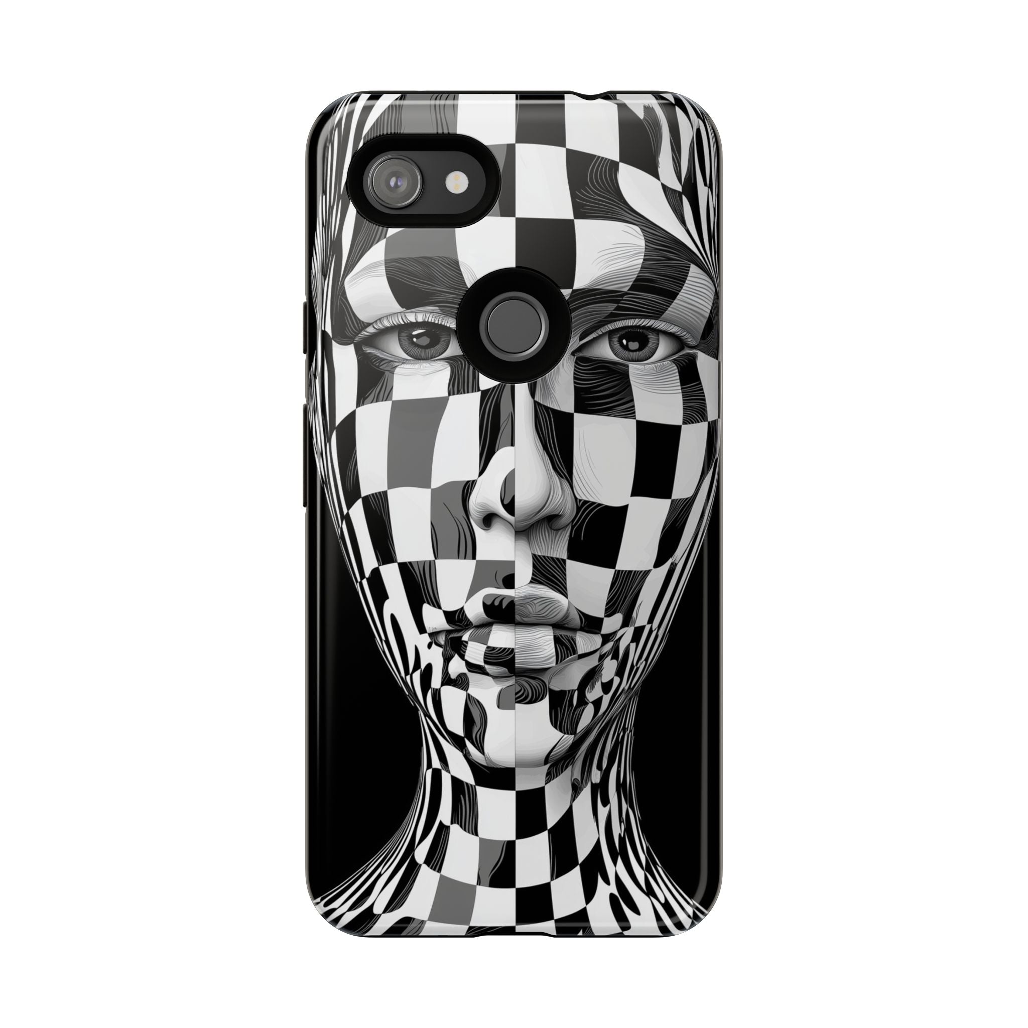 Checkerboard Face Tough Google Pixel Case — Black & White Surreal Art Protective Cover