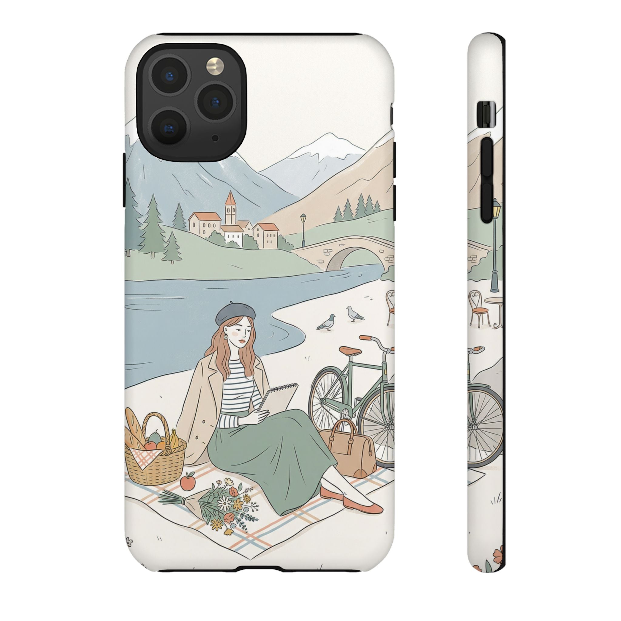 Scenic Picnic iPhone Case | Vintage Bicycle & Mountain Illustration