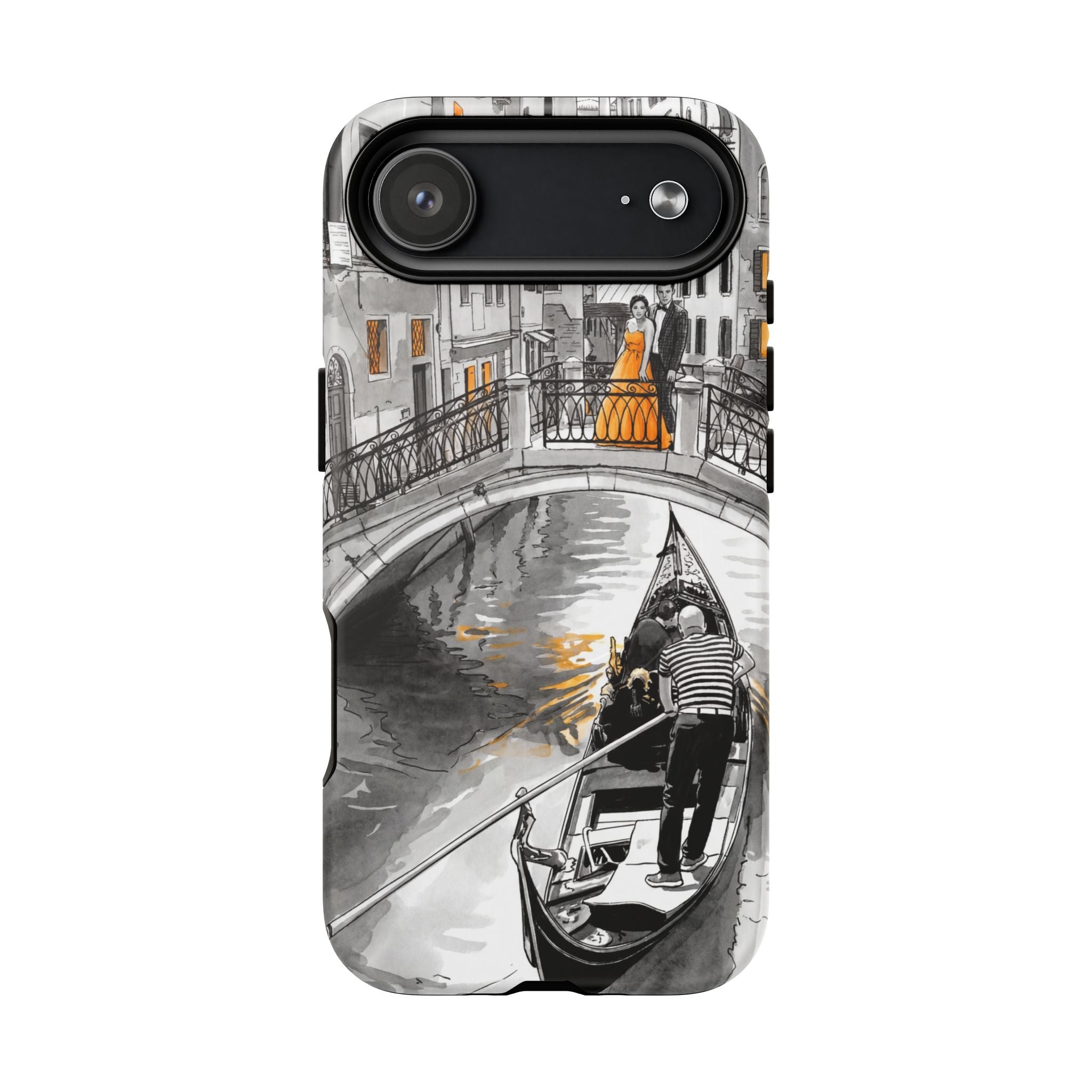 Custodia per iPhone Gondola di Venezia | Custodia MagSafe resistente con motivo schizzo in bianco e nero e dettagli dorati