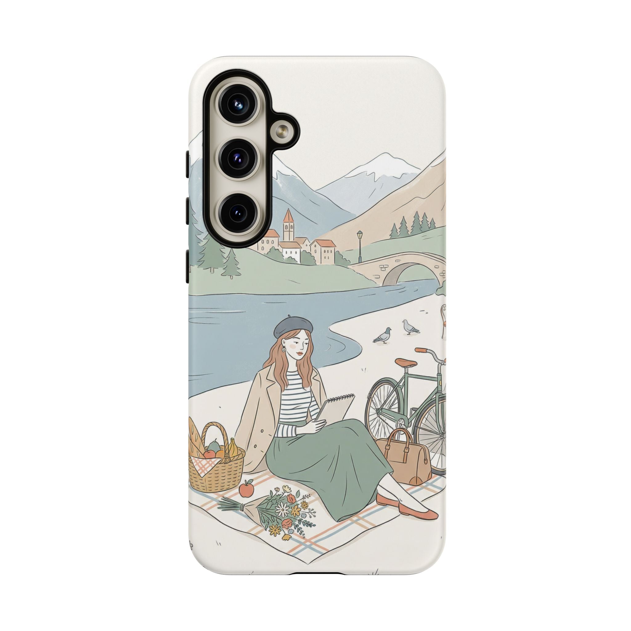 Scenic Picnic Samsung Galaxy Phone Case | Vintage Bicycle & Mountain Illustration