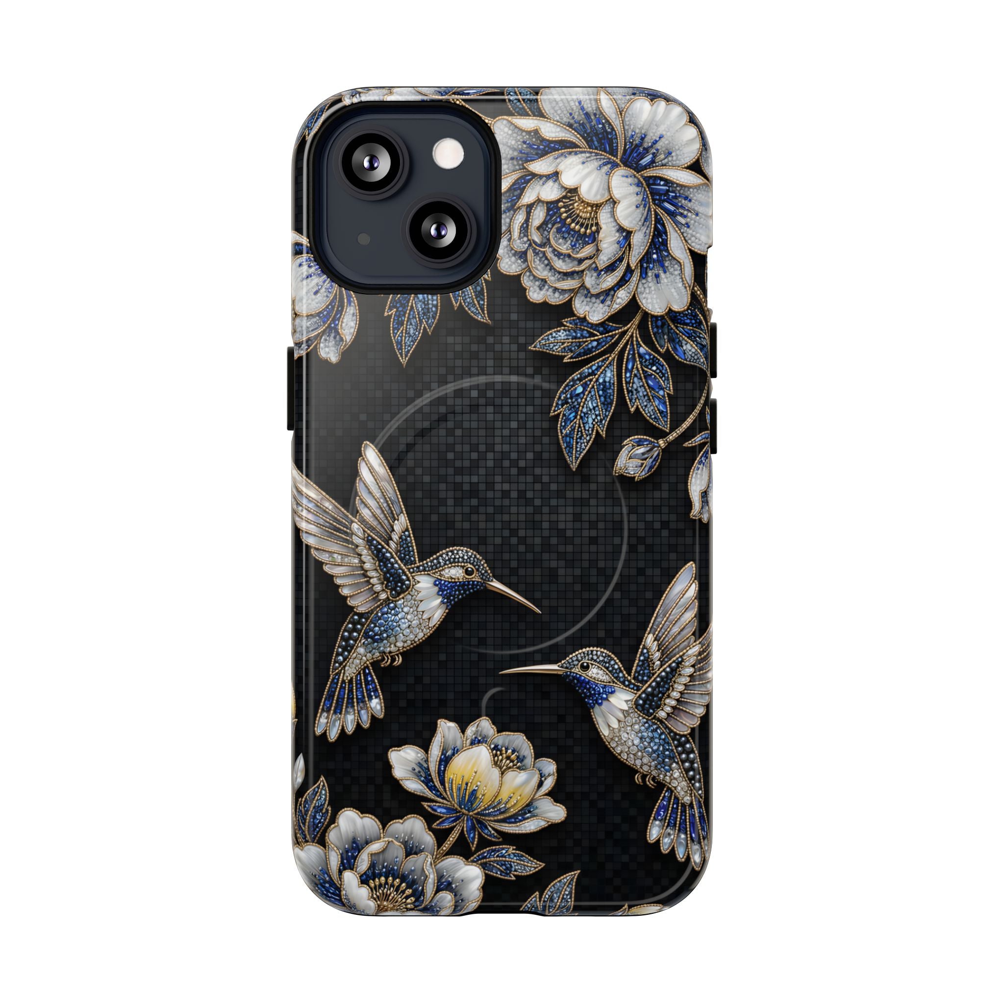Hummingbird & Peony Floral MagSafe iPhone Case | Elegant Black Protective Cover