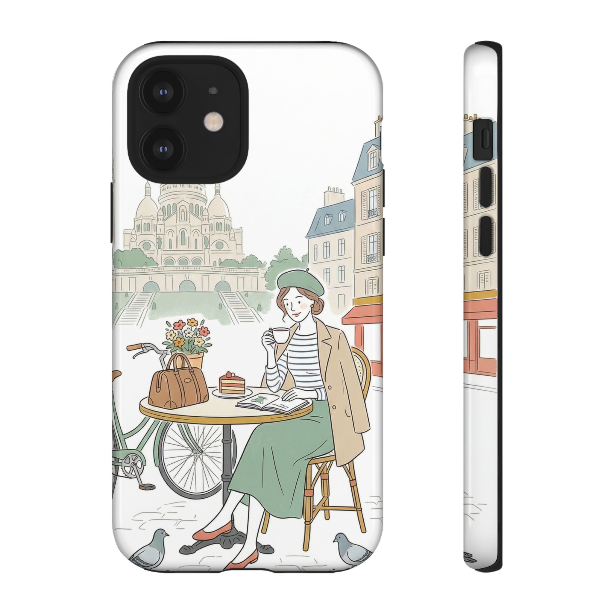 Paris Cafe Illustration iPhone Case | Vintage Bicycles & Pigeons Protective Cover
