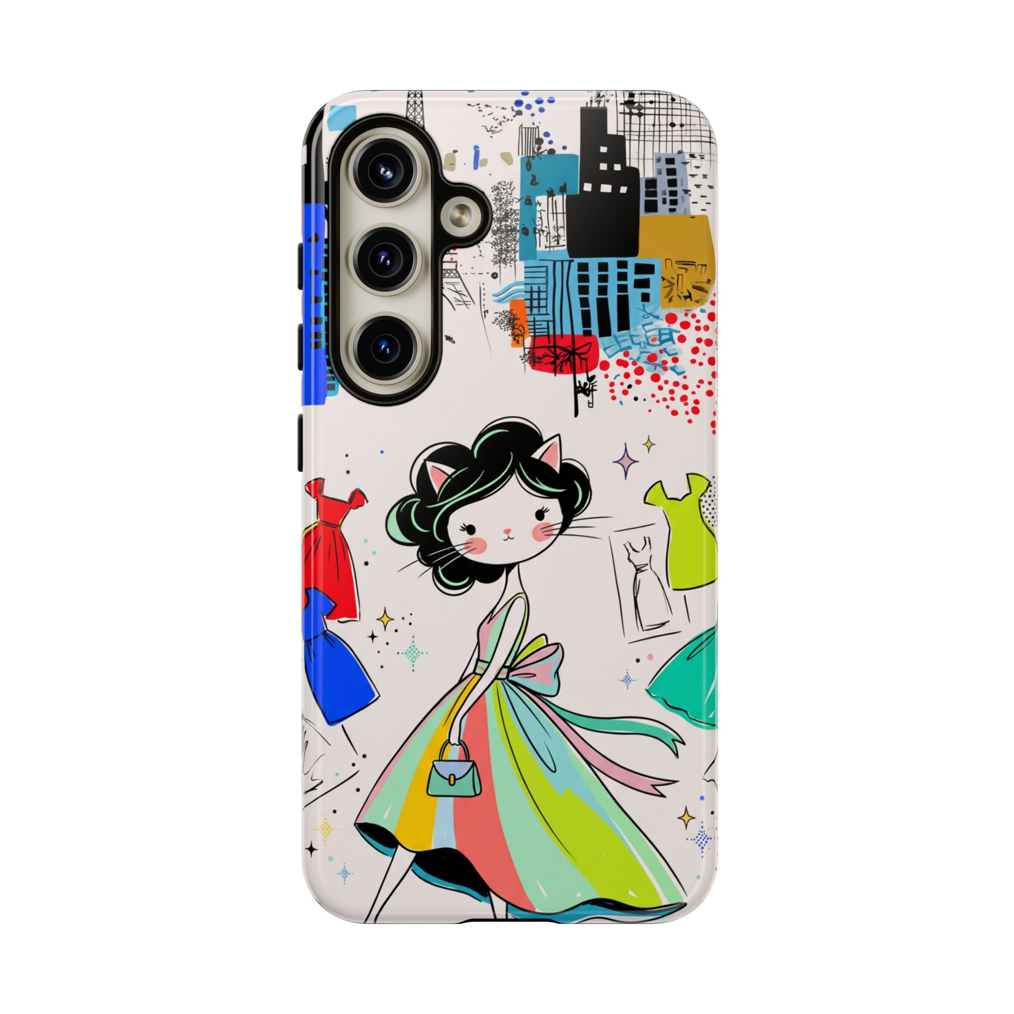 Retro Fashion Cat Girl Samsung Galaxy Phone Case | Cute Dress & City Print