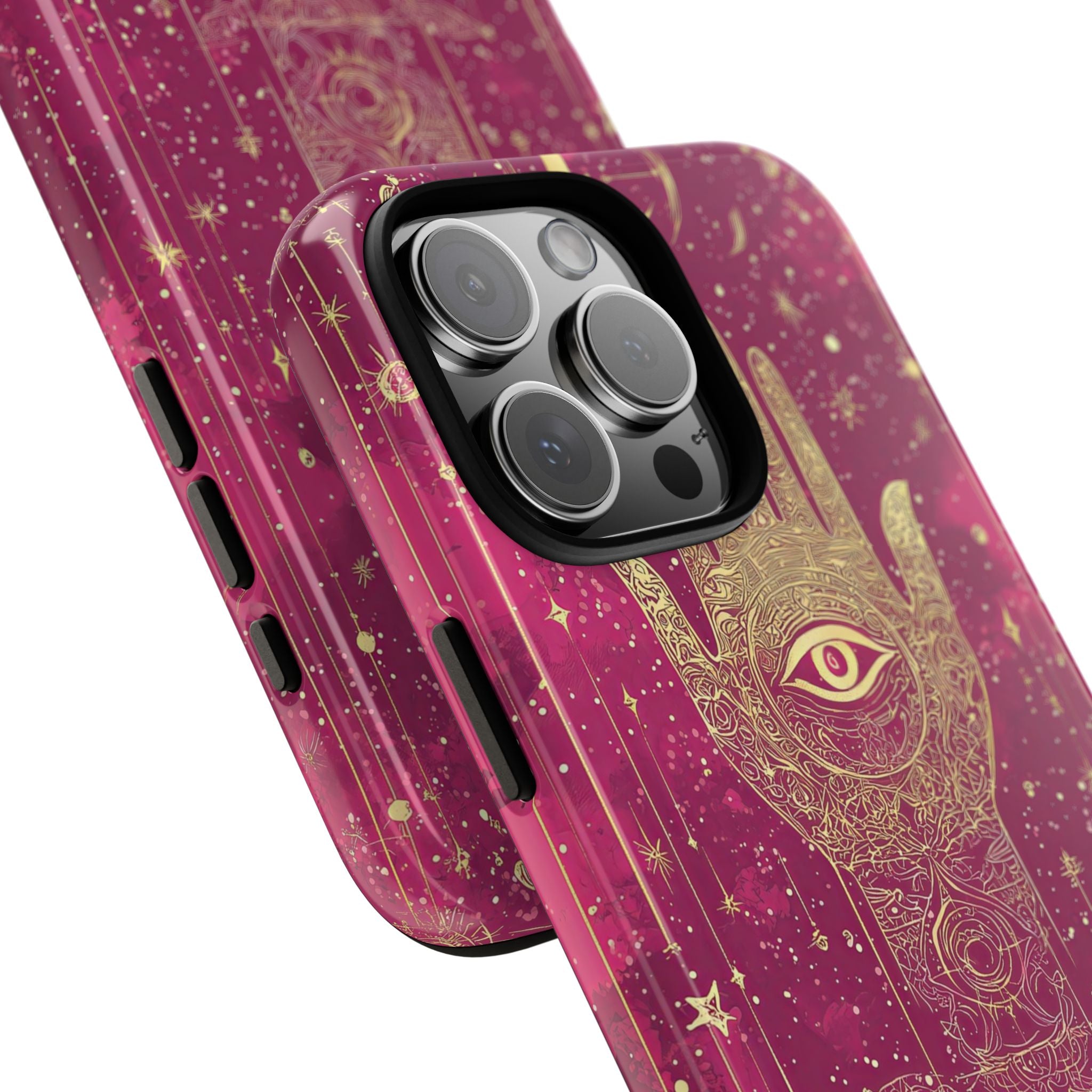 Mystic Hamsa iPhone Case | Gold Palm & All-Seeing Eye on Magenta Galaxy