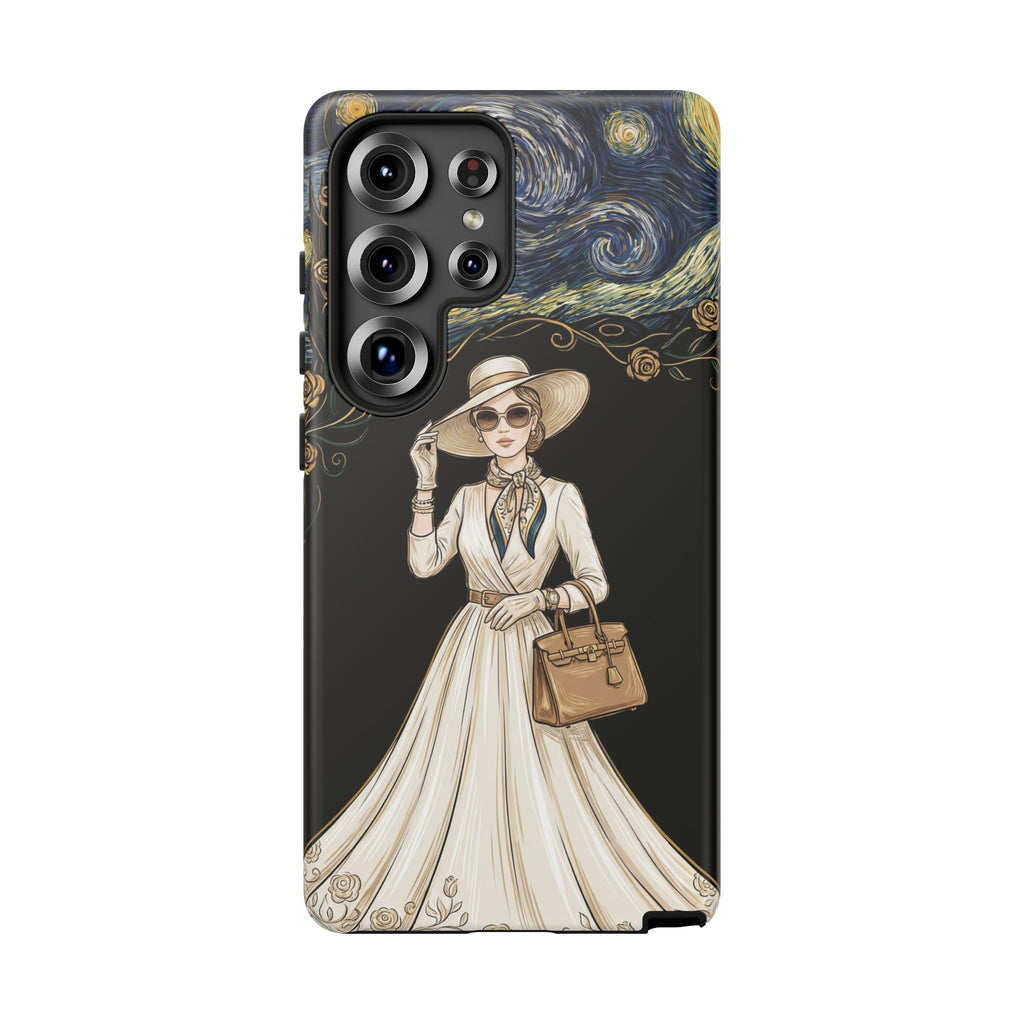 Vintage Starry Night Fashion Samsung Galaxy Phone Case | Elegant Lady in White Dress
