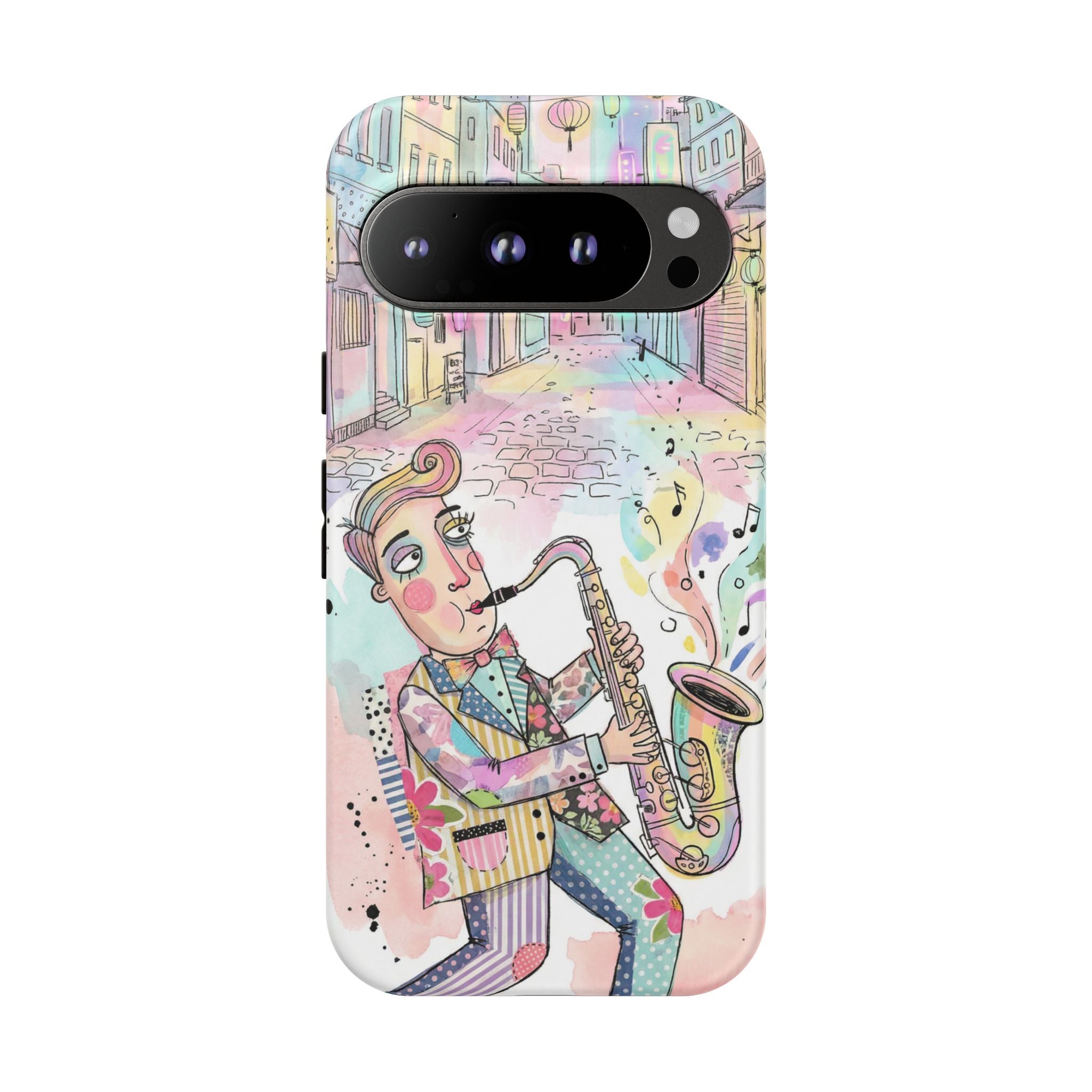 Sax Player Art Google Pixel Phone Case | Pastel Jazz Street Illustration