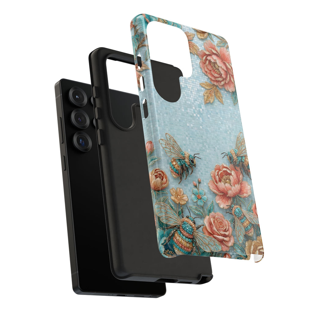 Custodia per telefono Samsung Galaxy Api floreali | Cover protettiva vintage rosa e turchese