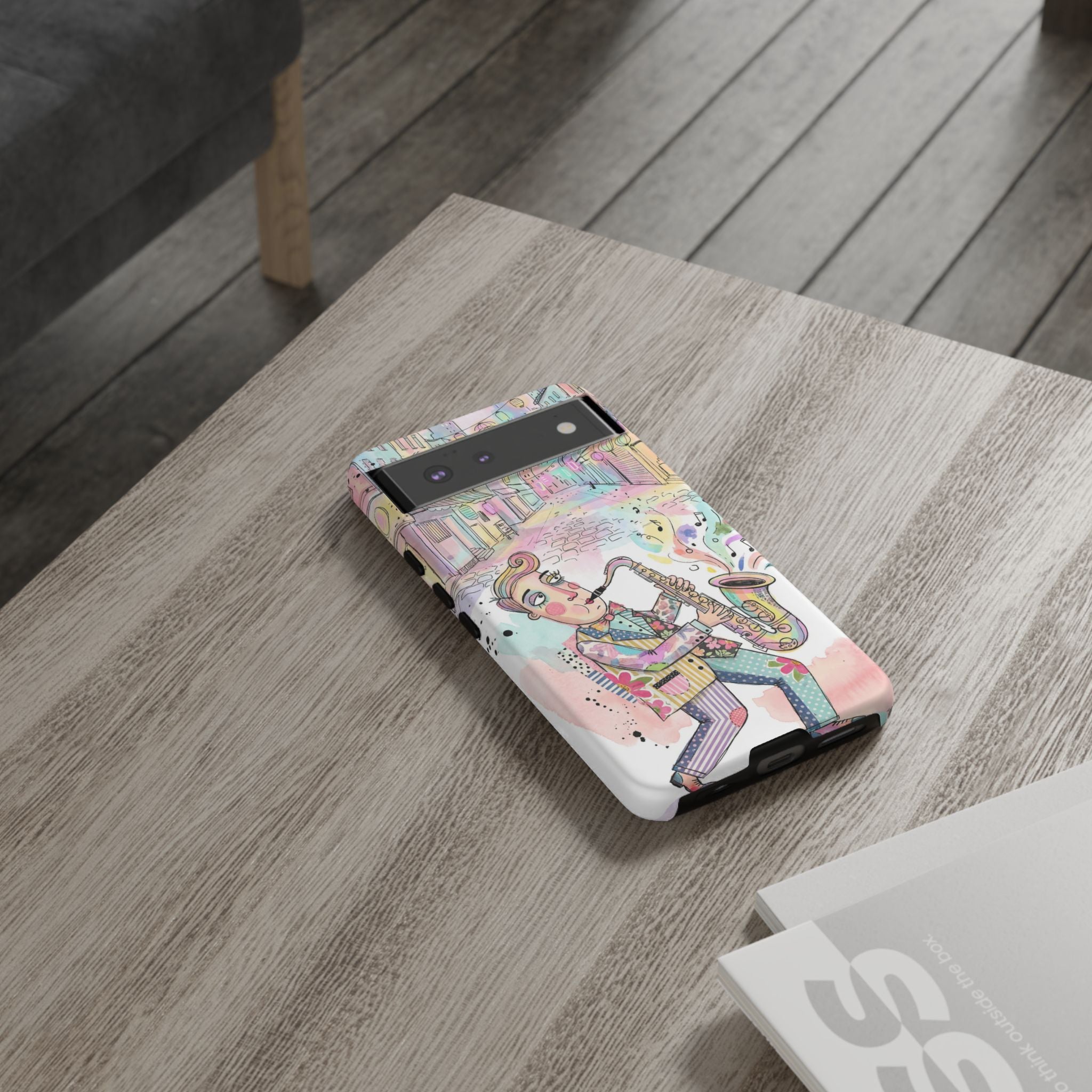 Custodia per telefono Google Pixel "Sax Player Art" | Illustrazione Jazz Stradale Pastello