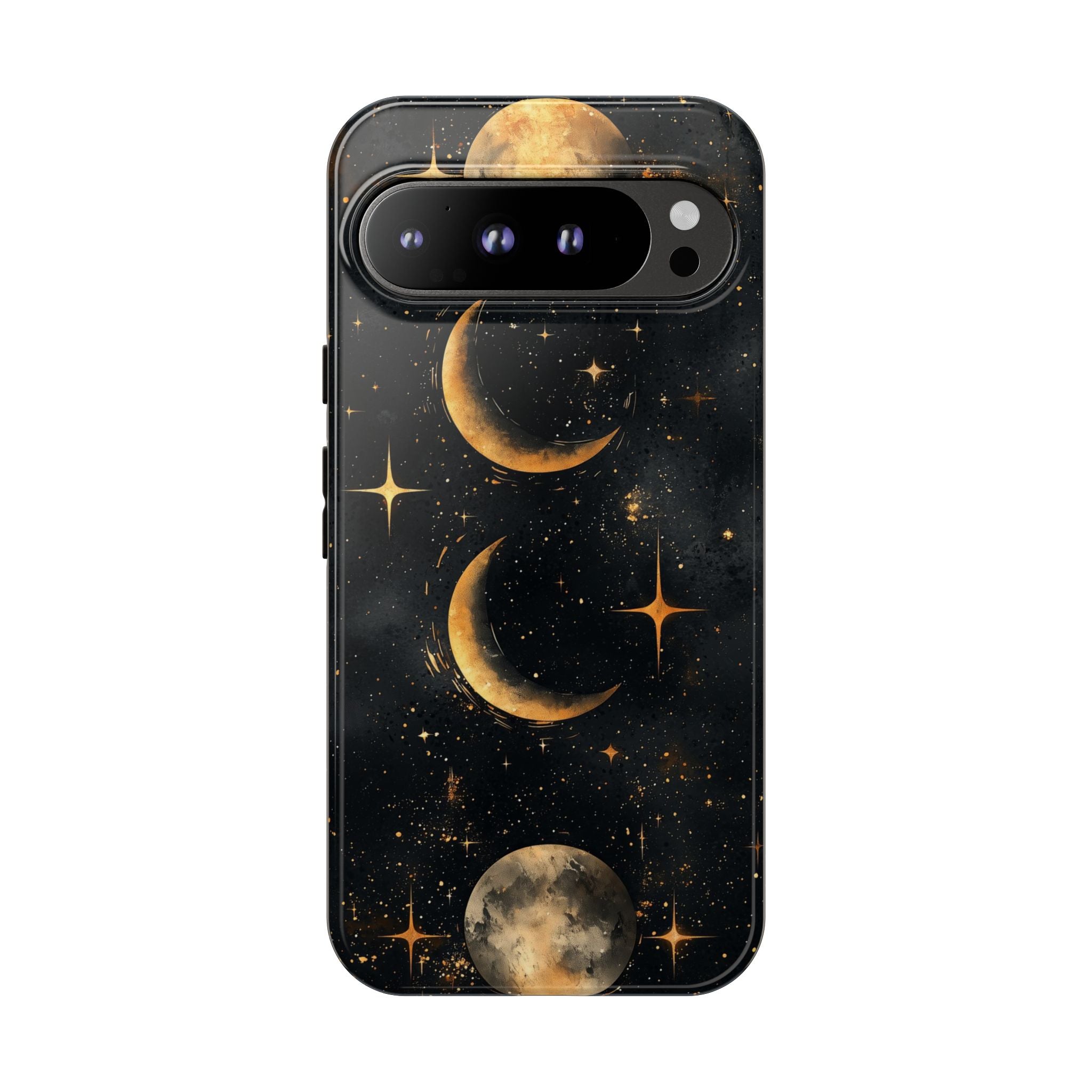 Celestial Moon Phases Tough Google Pixel Case | Gold Crescent & Full Moon Galaxy Design