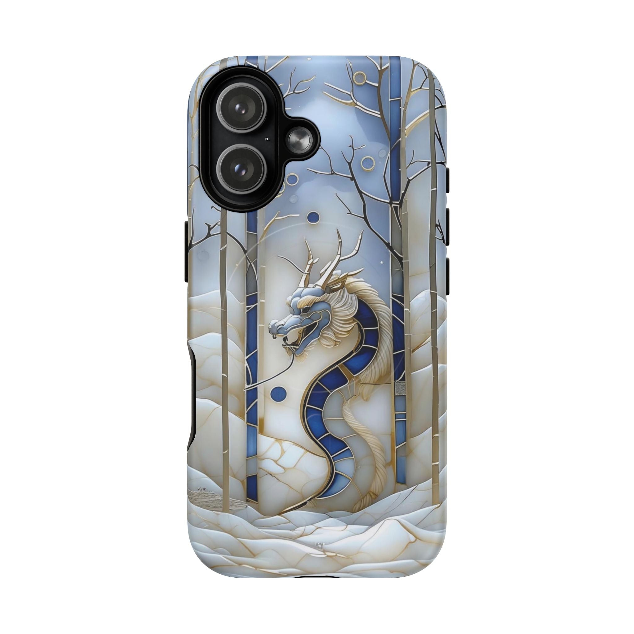 Dragon Stained Glass Tough MagSafe Phone Case — Blue & Ivory Medieval Art