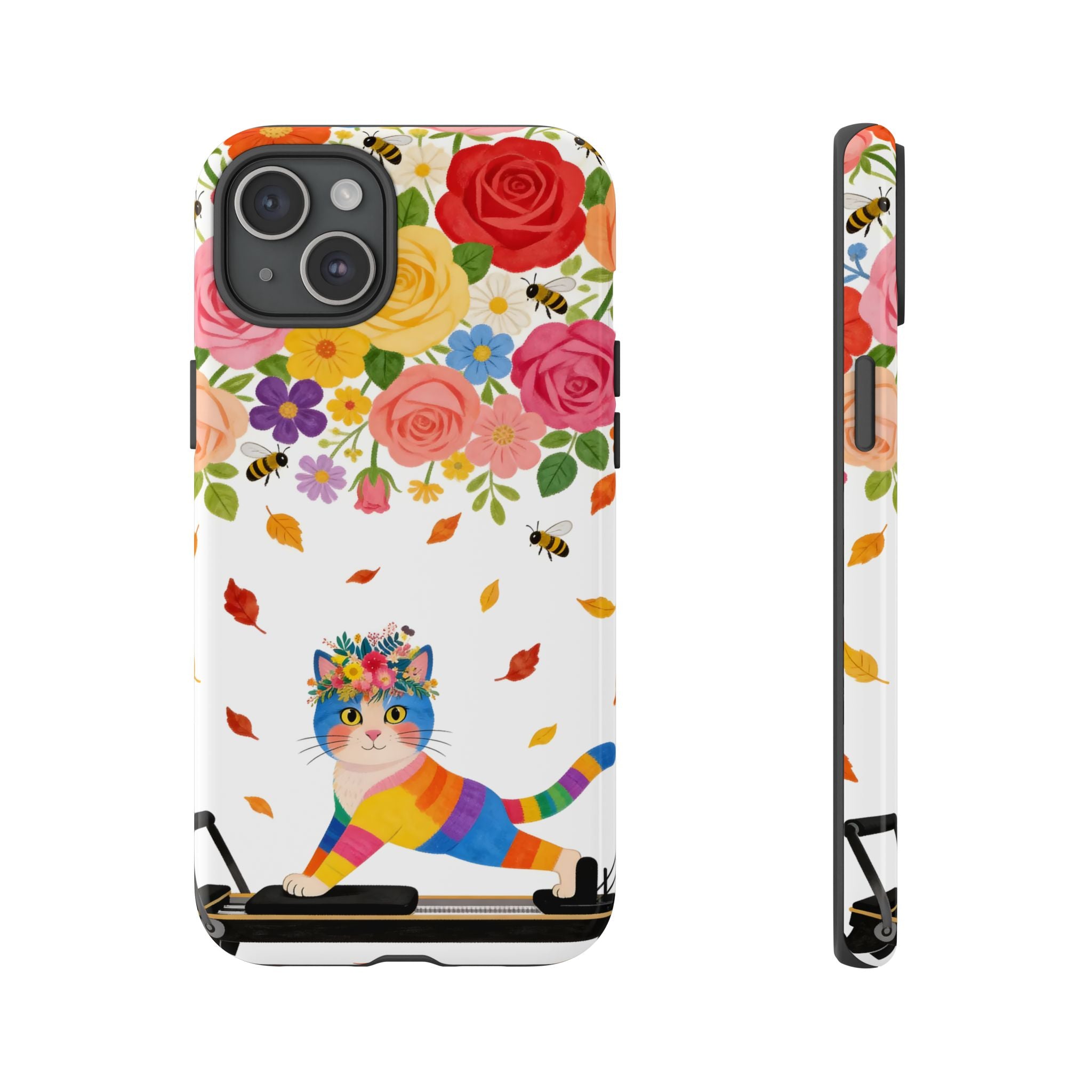Floral Rainbow Cat Tough iPhone Case — Colorful Pilates Cat Design