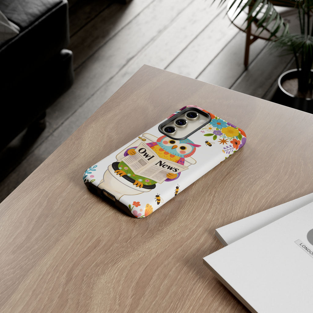 Owl News Floral Samsung Galaxy Phone Case | Cute Owl Reading Newspaper on Toilet