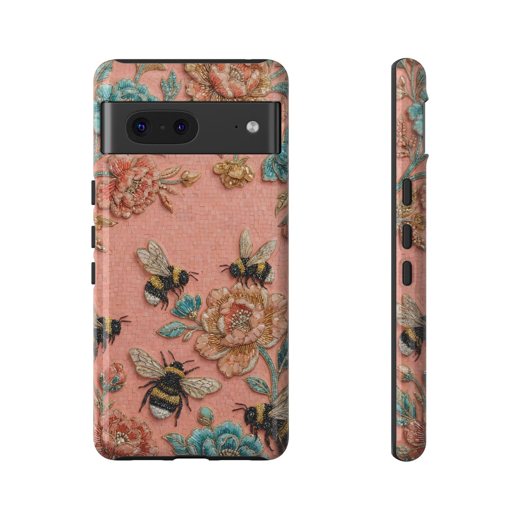 Custodia per telefono Google Pixel "Floral Bee Tough" | Cover protettiva vintage rosa floreale