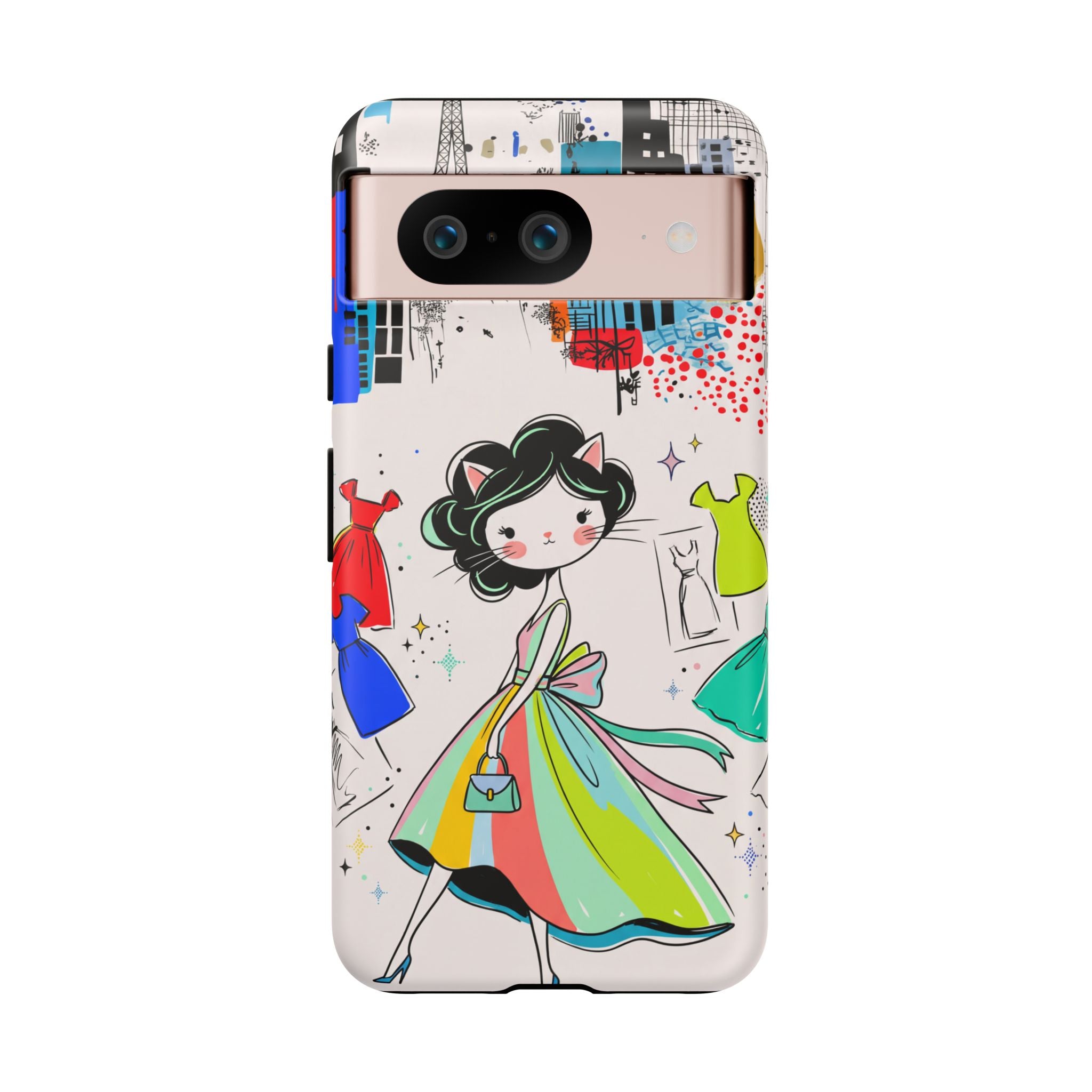 Retro Fashion Cat Girl Google Pixel Phone Case | Cute Dress & City Print