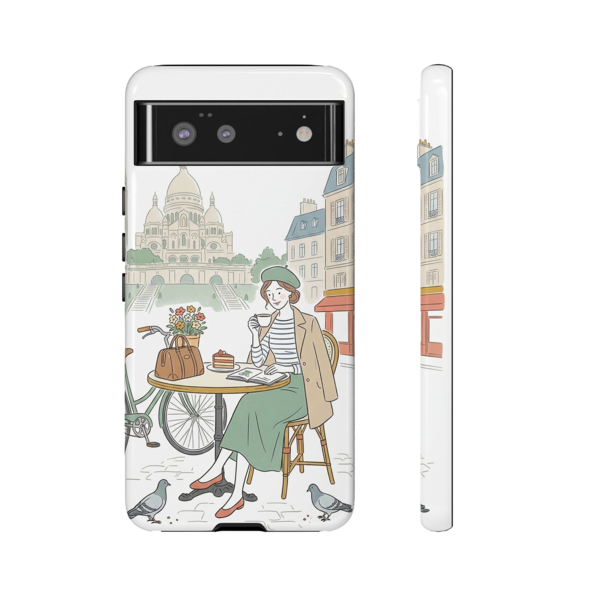 Paris Cafe Illustration Google Pixel Phone Case | Vintage Bicycles & Pigeons Protective Cover
