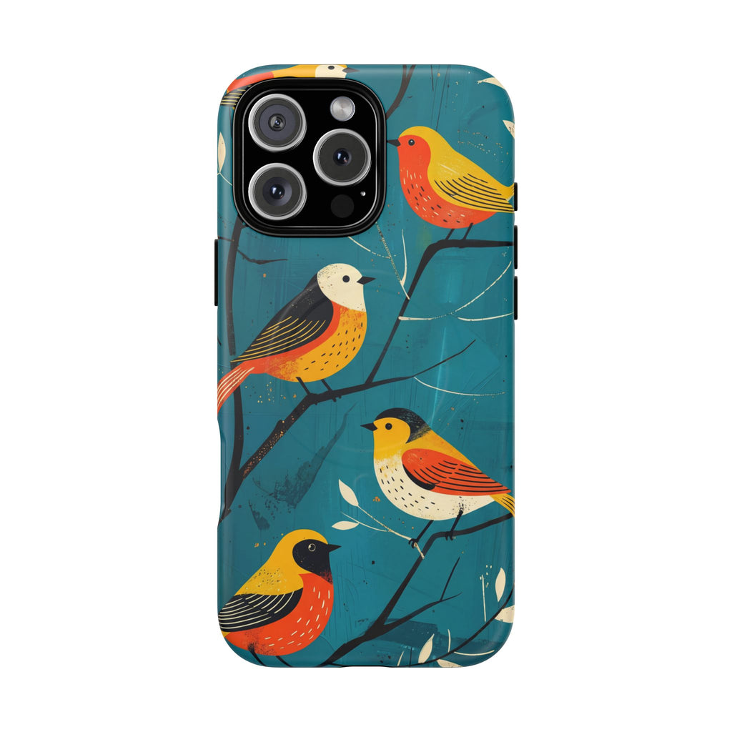 Bird Pattern Tough MagSafe iPhone Case | Colourful Songbirds on Teal Background