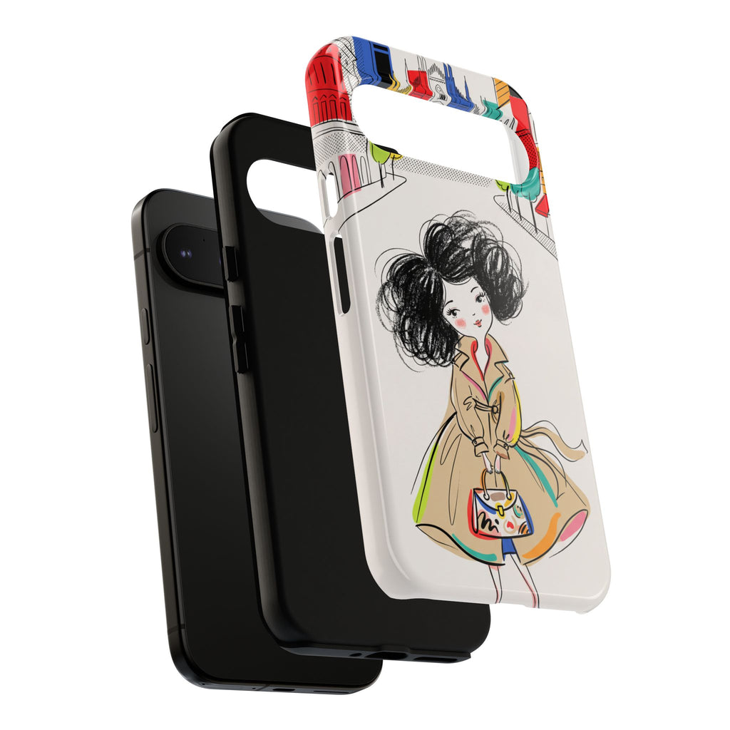 Illustrated Trench Coat Fashion Chic City Girl Google Pixel Phone Case