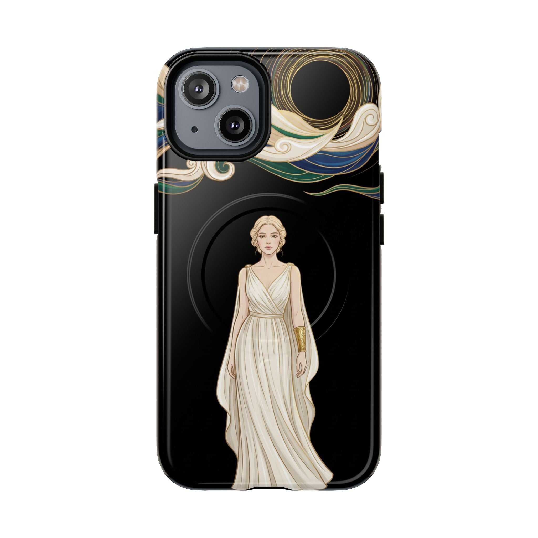 Art Nouveau Goddess MagSafe iPhone Case | Elegant Woman Illustration on Black
