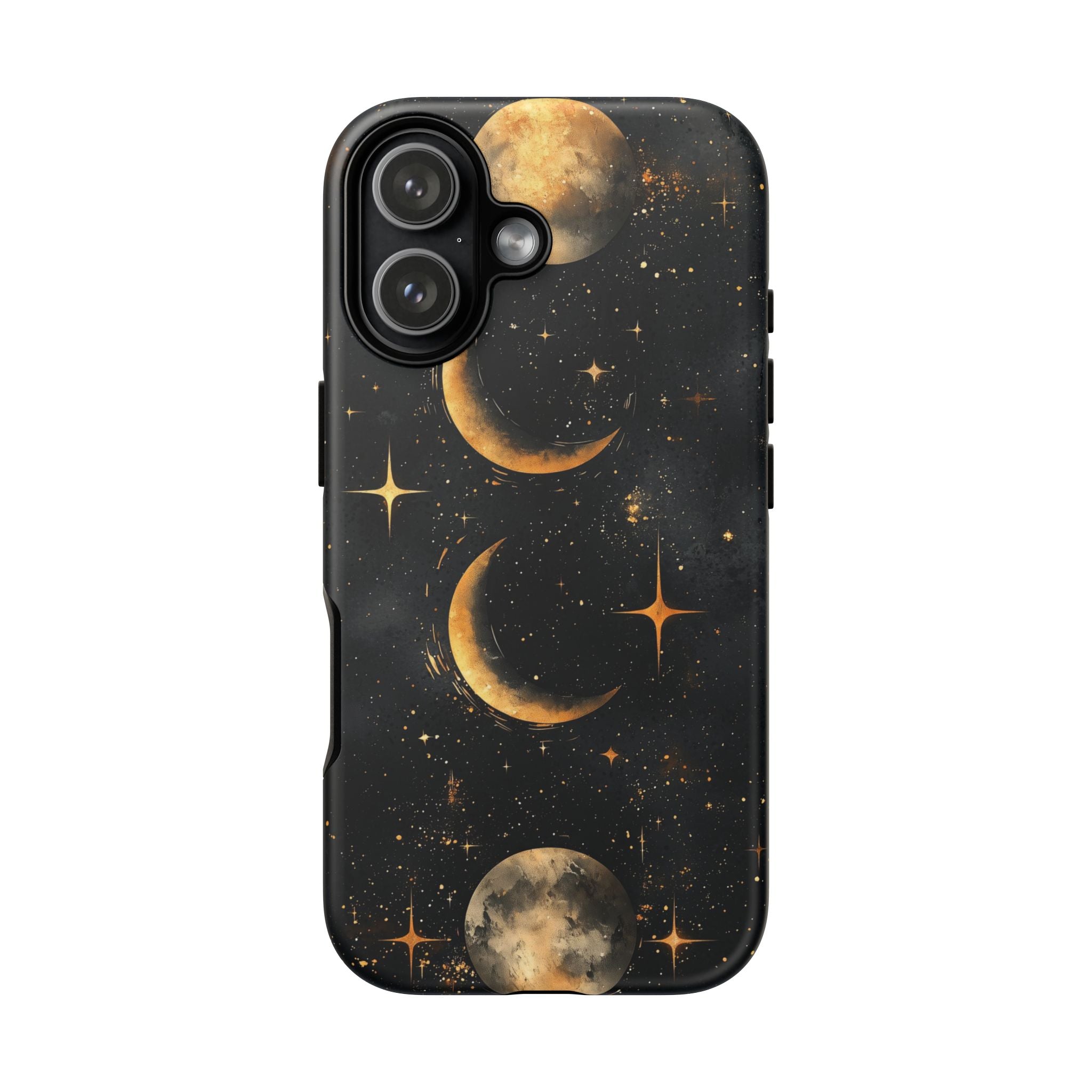 Celestial Moon Phases Tough iPhone Case | Gold Crescent & Full Moon Galaxy Design