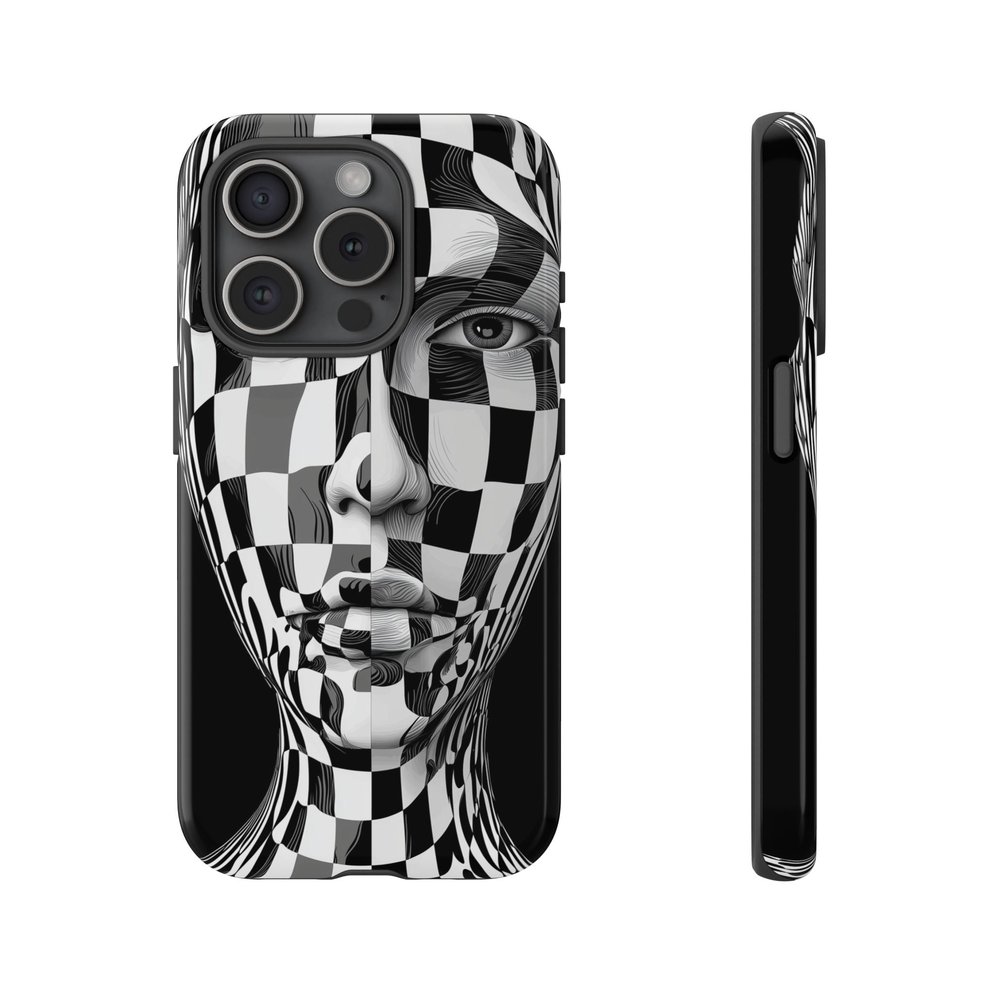 Checkerboard Face Tough iPhone Case — Black & White Surreal Art Protective Cover