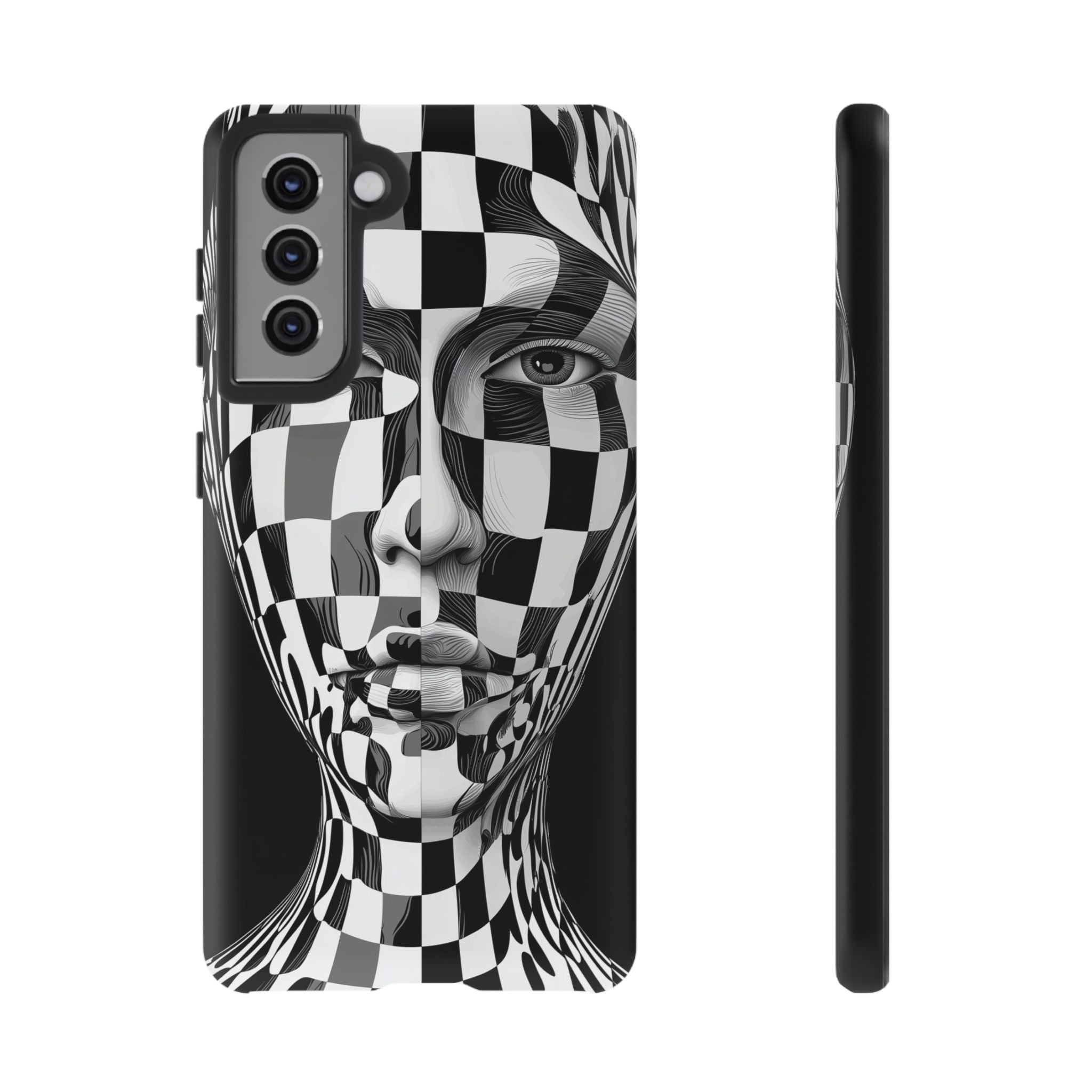 Checkerboard Face Tough Samsung Galaxy Case — Black & White Surreal Art Protective Cover