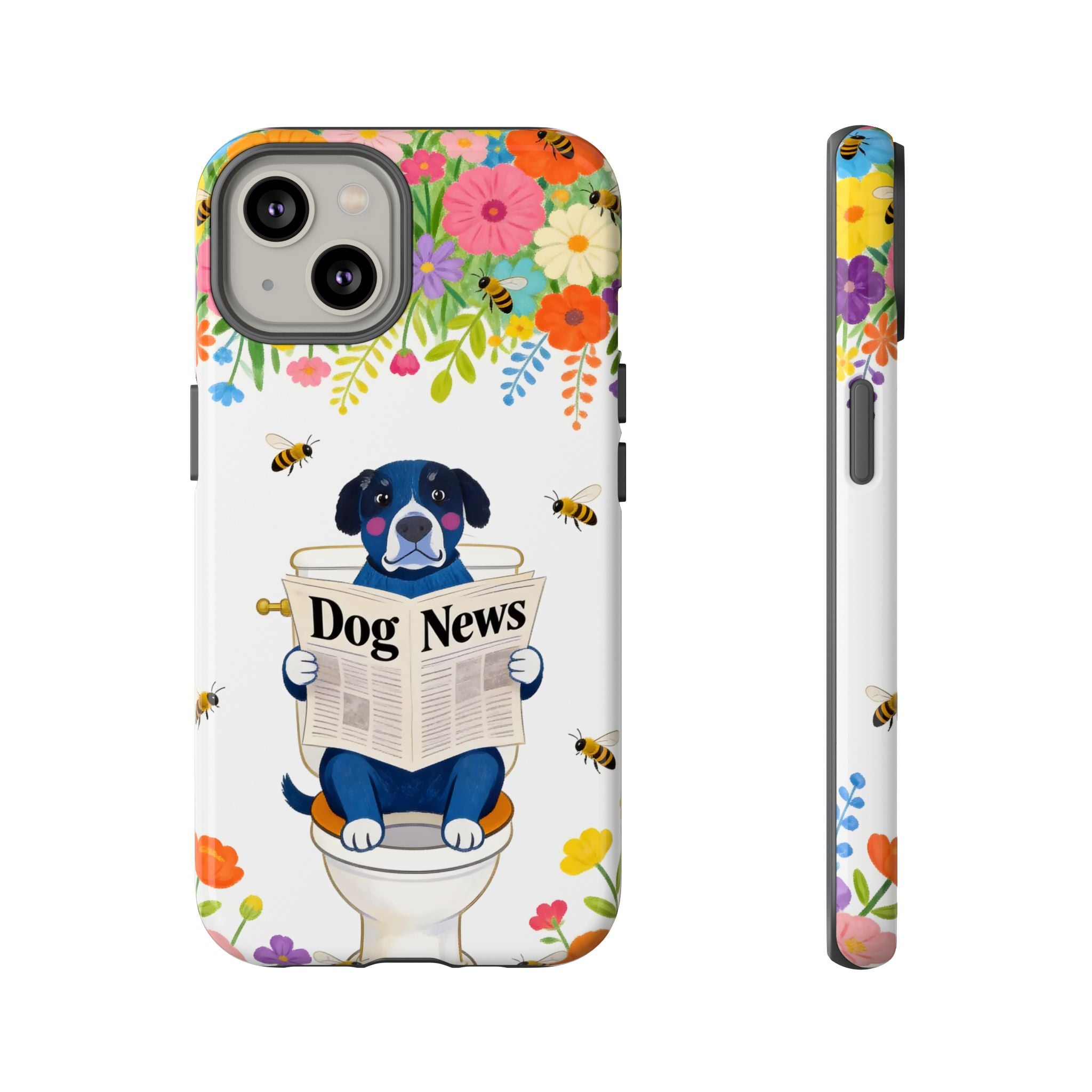 Dog News Floral iPhone Case | Cute Dog on Toilet Pattern, Spring Floral iPhone Cover