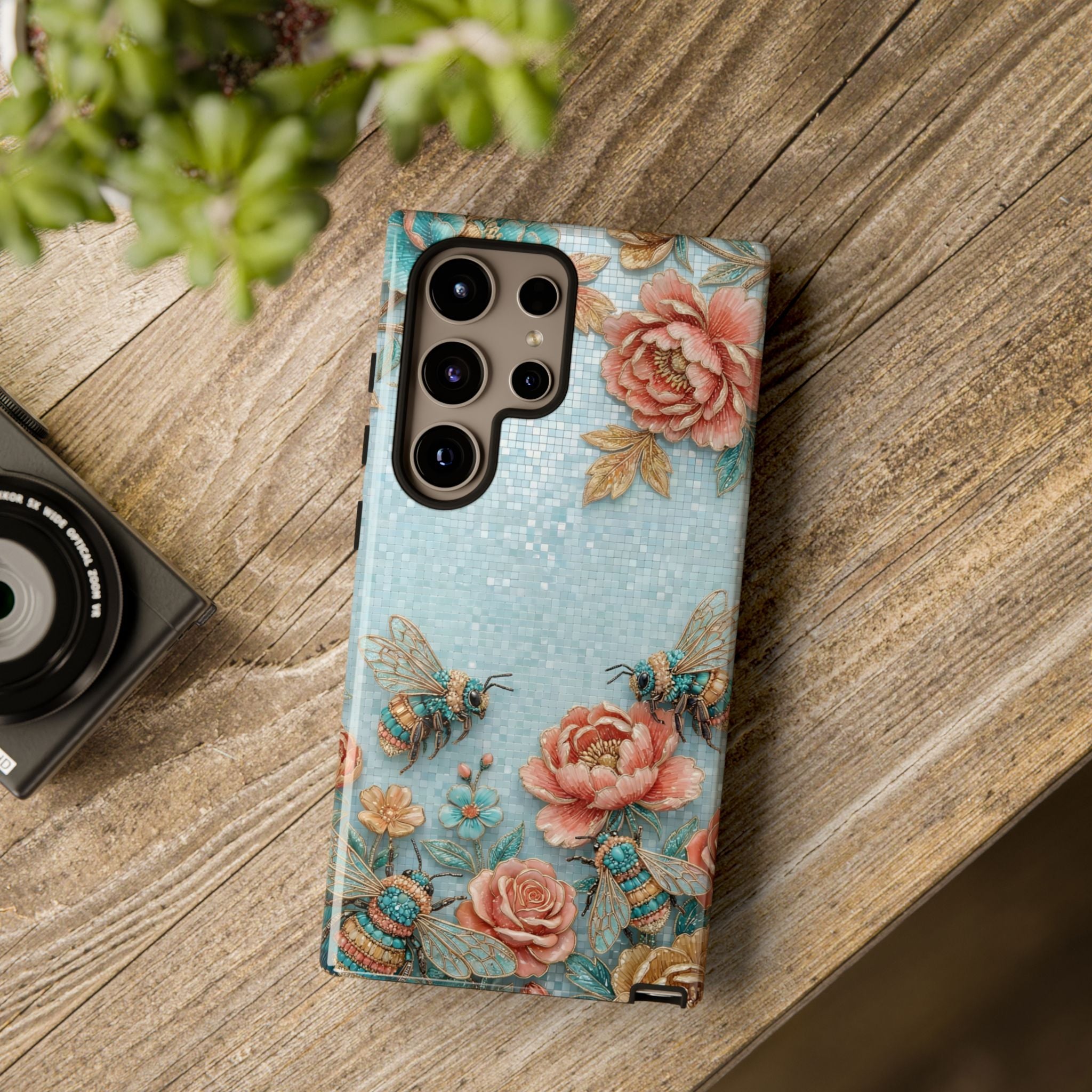 Floral Bees Samsung Galaxy Phone Case | Vintage Rose & Turquoise Protective Cover