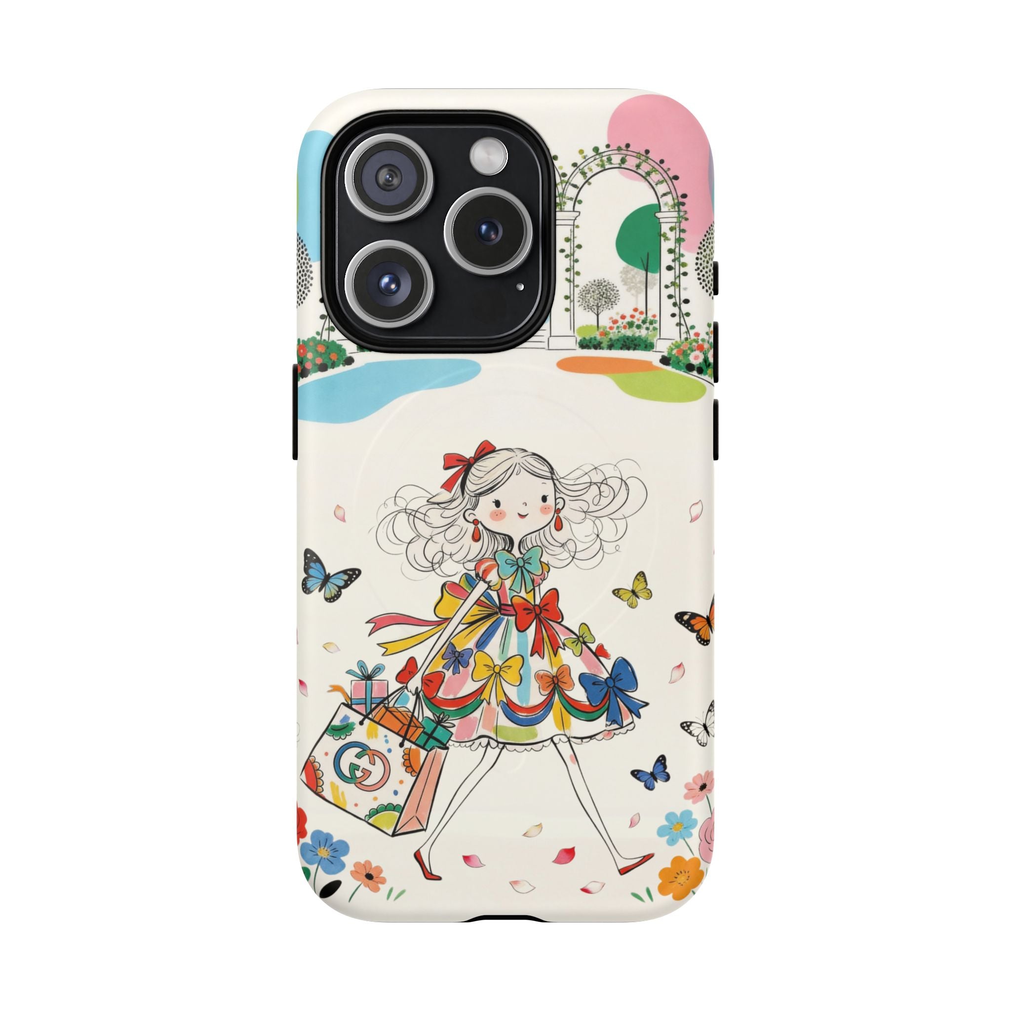 Whimsical Shopping Girl MagSafe iPhone Case | Cute Floral Butterfly Tough Case