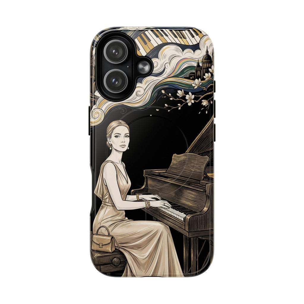 Elegant Piano Woman MagSafe iPhone Case | Vintage Art Deco Music Design